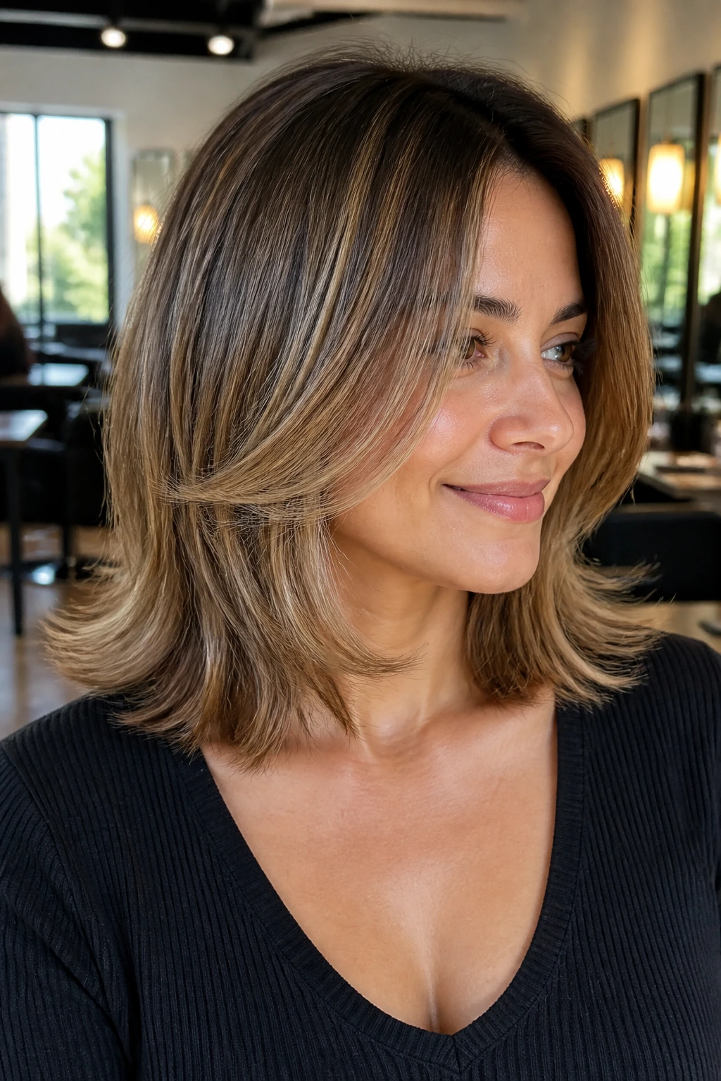 Shoulder-grazing flip cut hairstyle with soft gold babylights on real person