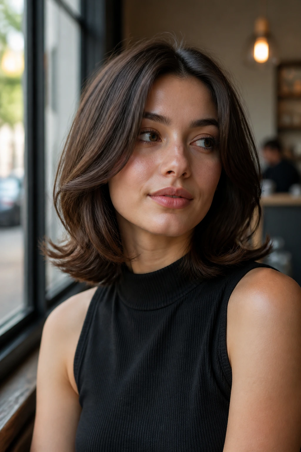 Close-up of a real woman with a flip-end lob, showing outwardly flipped hair at the ends