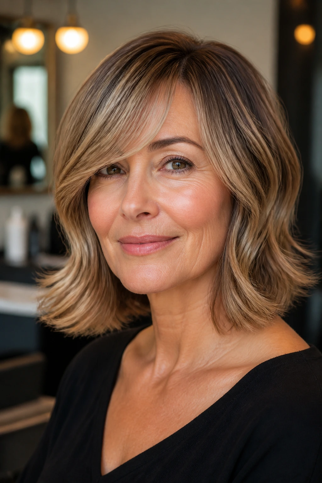 Close-up portrait of a real woman with flip-end lob and clean side fringe