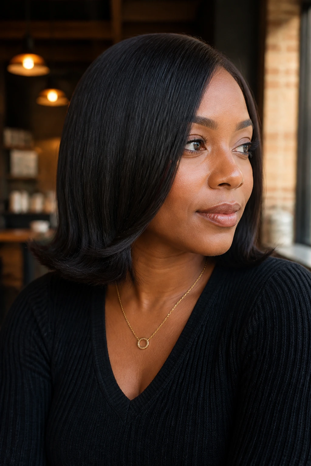 Portrait of a real Black woman with a flip-end shoulder bob showing outward flipped ends.