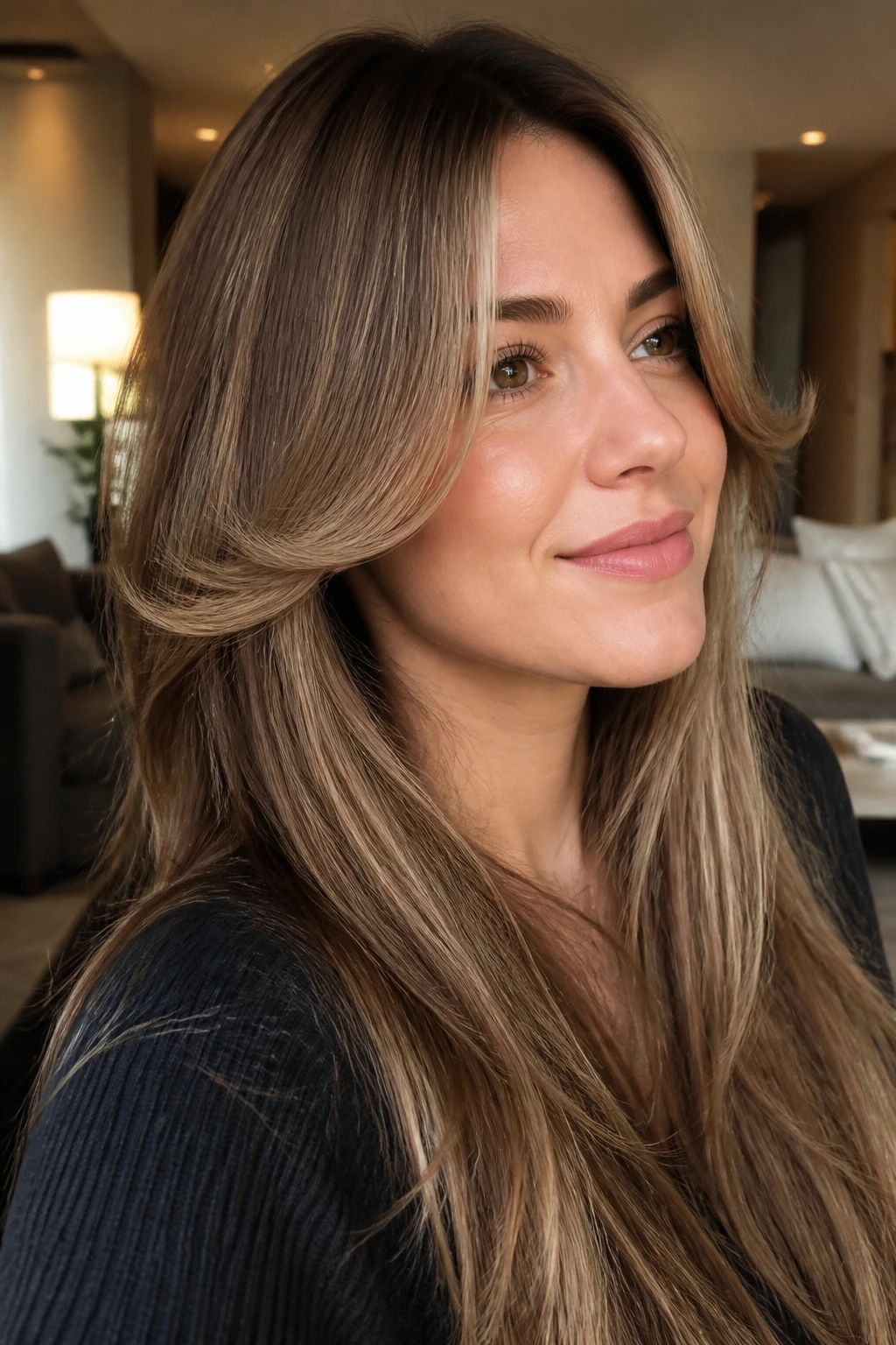 Portrait of a real woman with cheekbone-length flip layers framing the face.