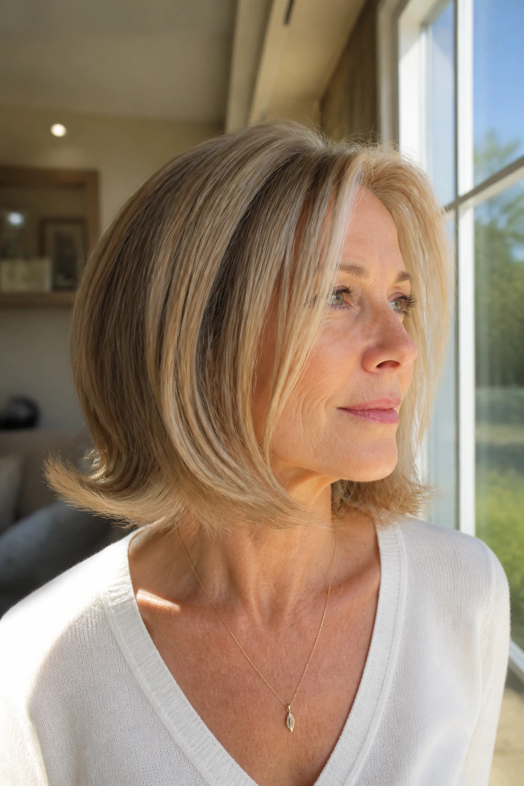 Close-up of a real woman with a flip-out angled lob in a sunlit room