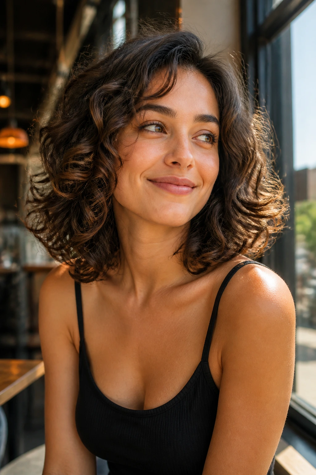 Close-up portrait of a real person with flip-out collarbone cut, ends curling outward