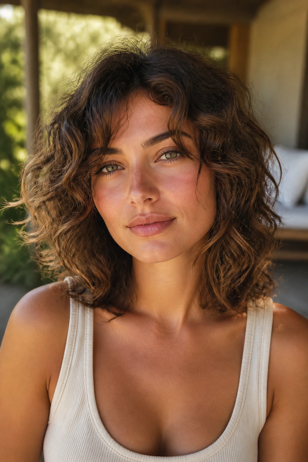 Real woman portrait with shoulder-length curls flipped out and layered for movement