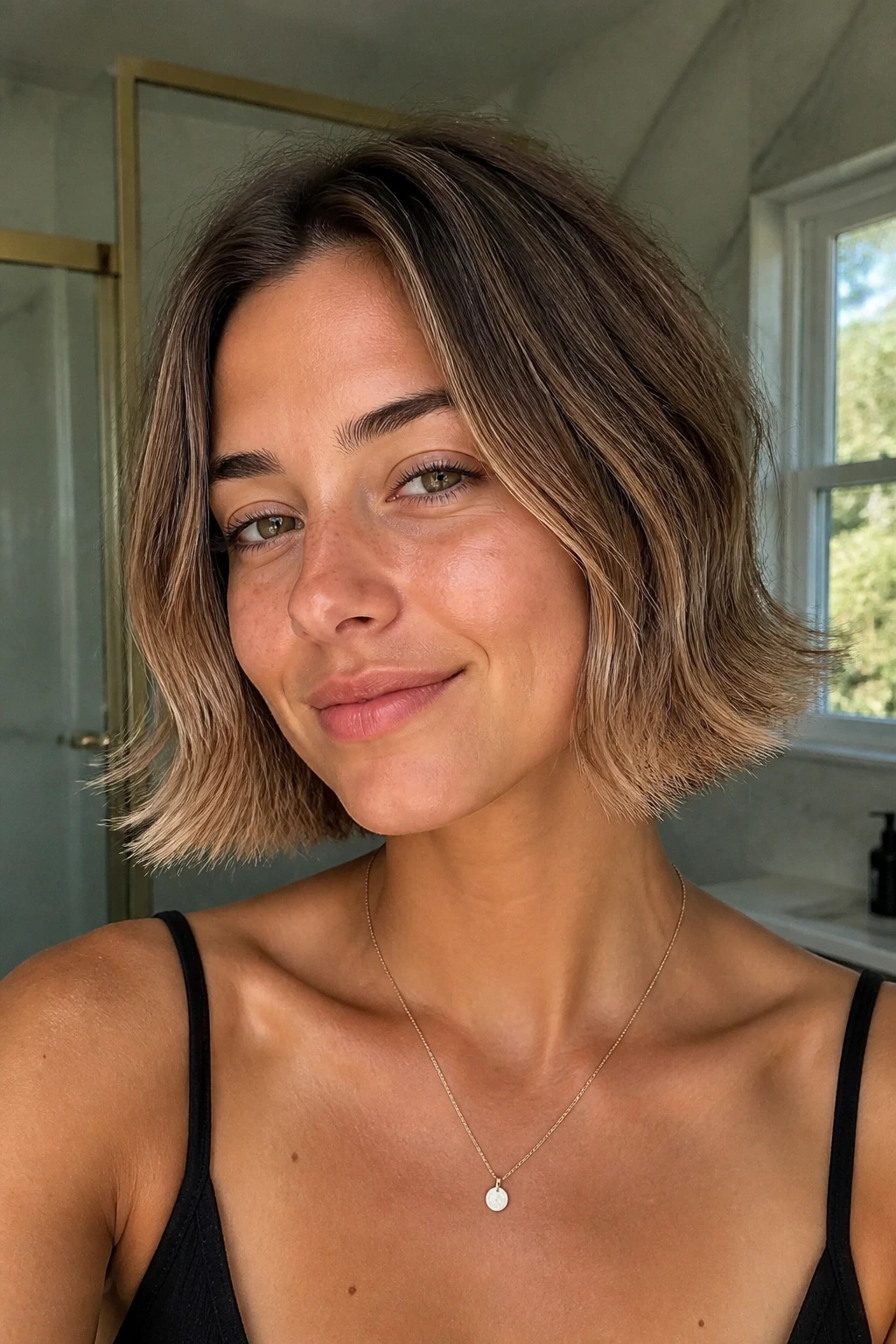 Close-up of a real woman with flipped-out ends on a blunt short bob