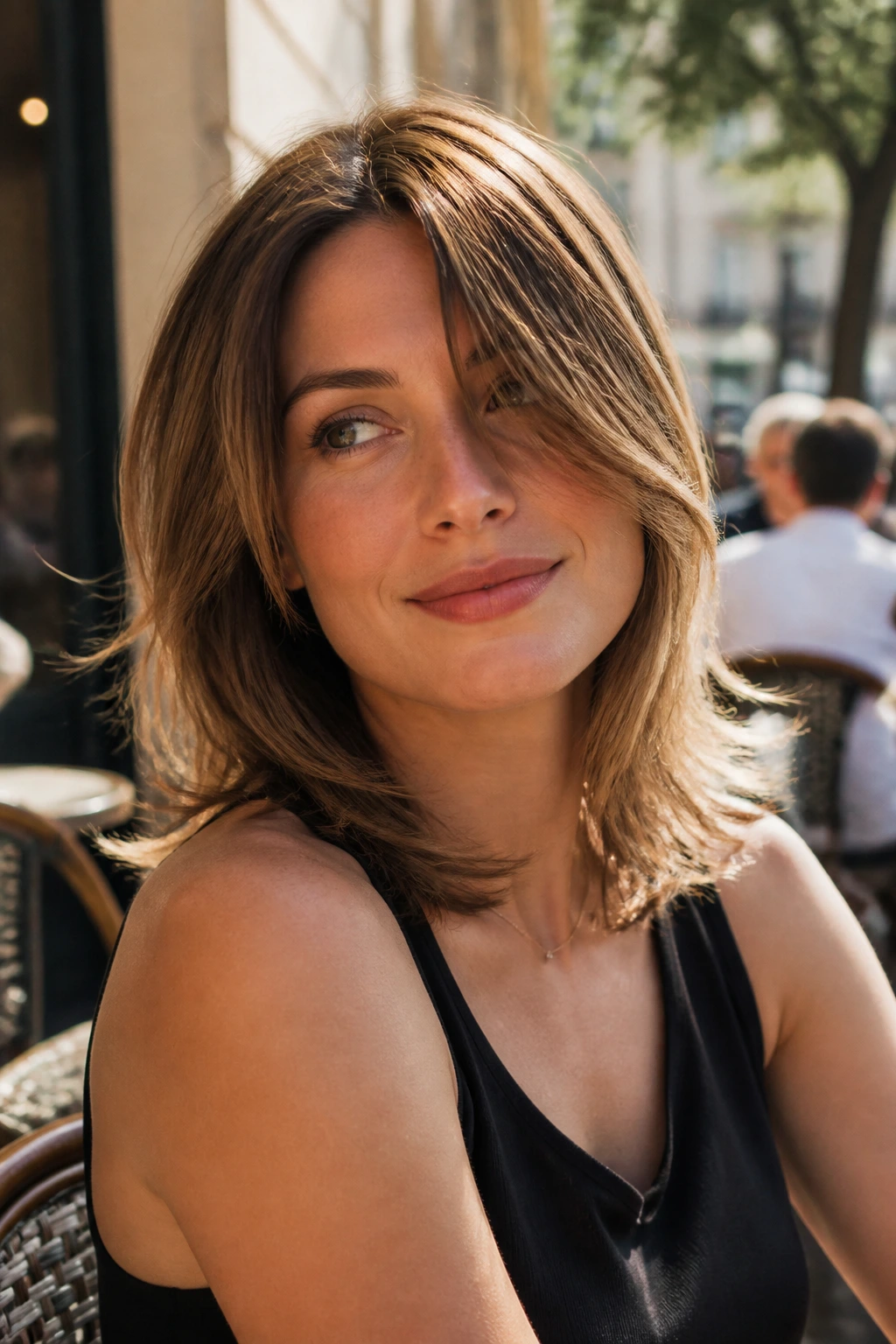 Close-up portrait of a woman with flip-out ends and breezy front in natural outdoor light