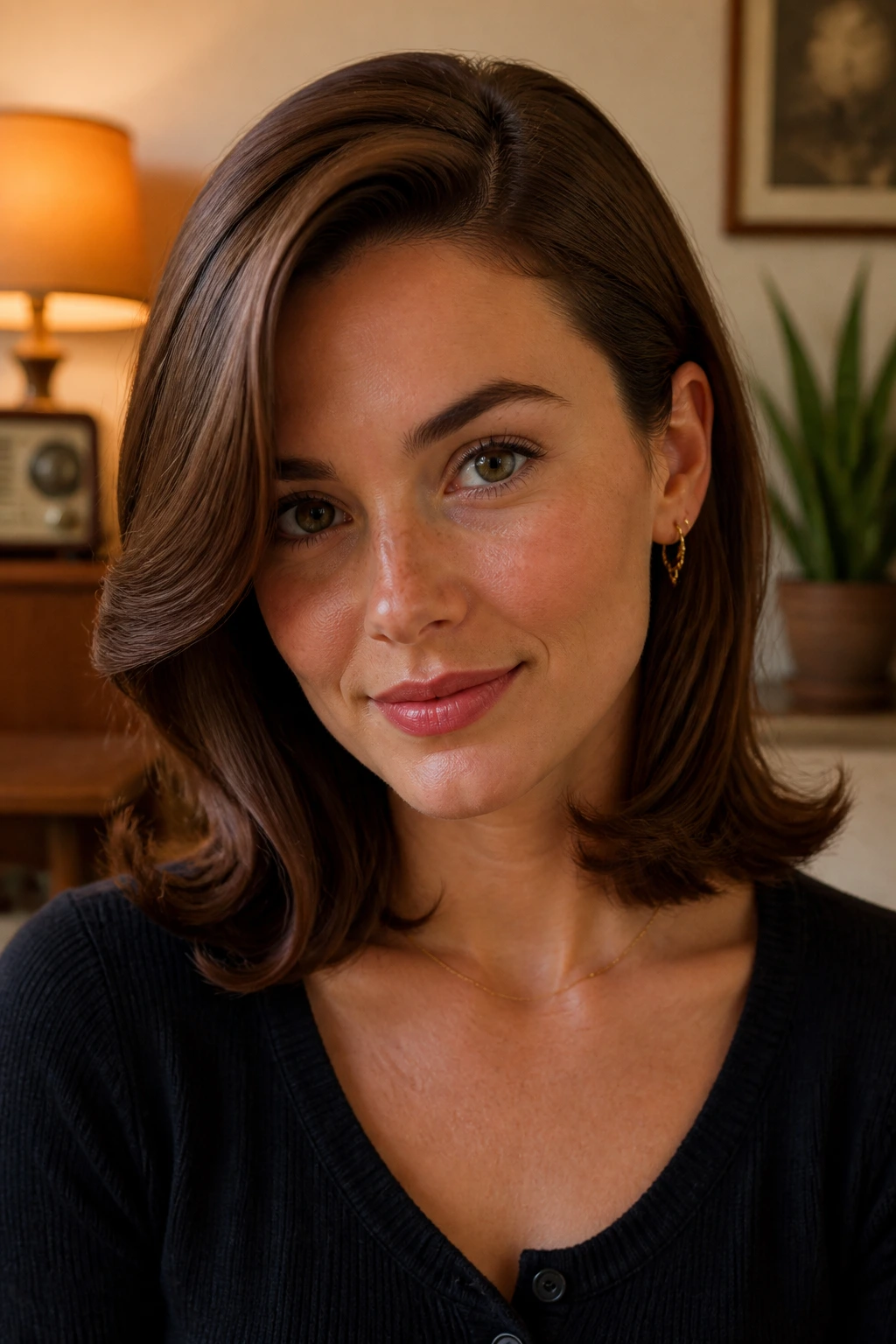 Real woman with flip-out ends and retro side part, close-up
