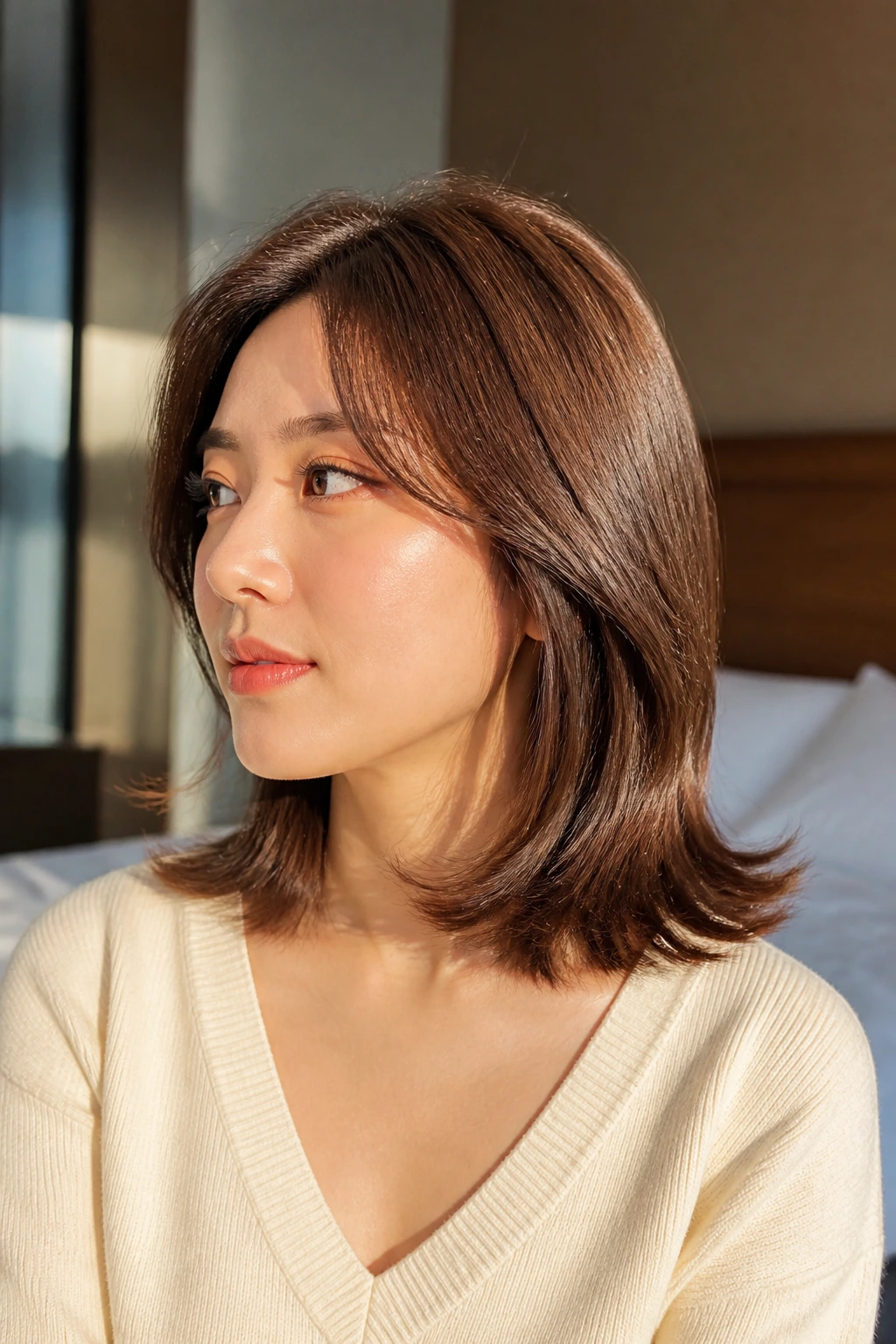 Close-up of shoulder-length hair with outward flip ends on a real person in warm bedroom light