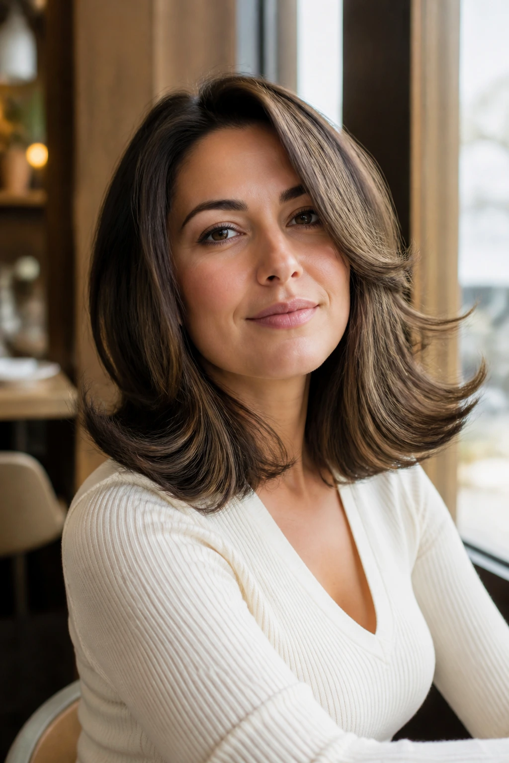 Medium close-up of a real woman with flip-out ends in shoulder-length hair