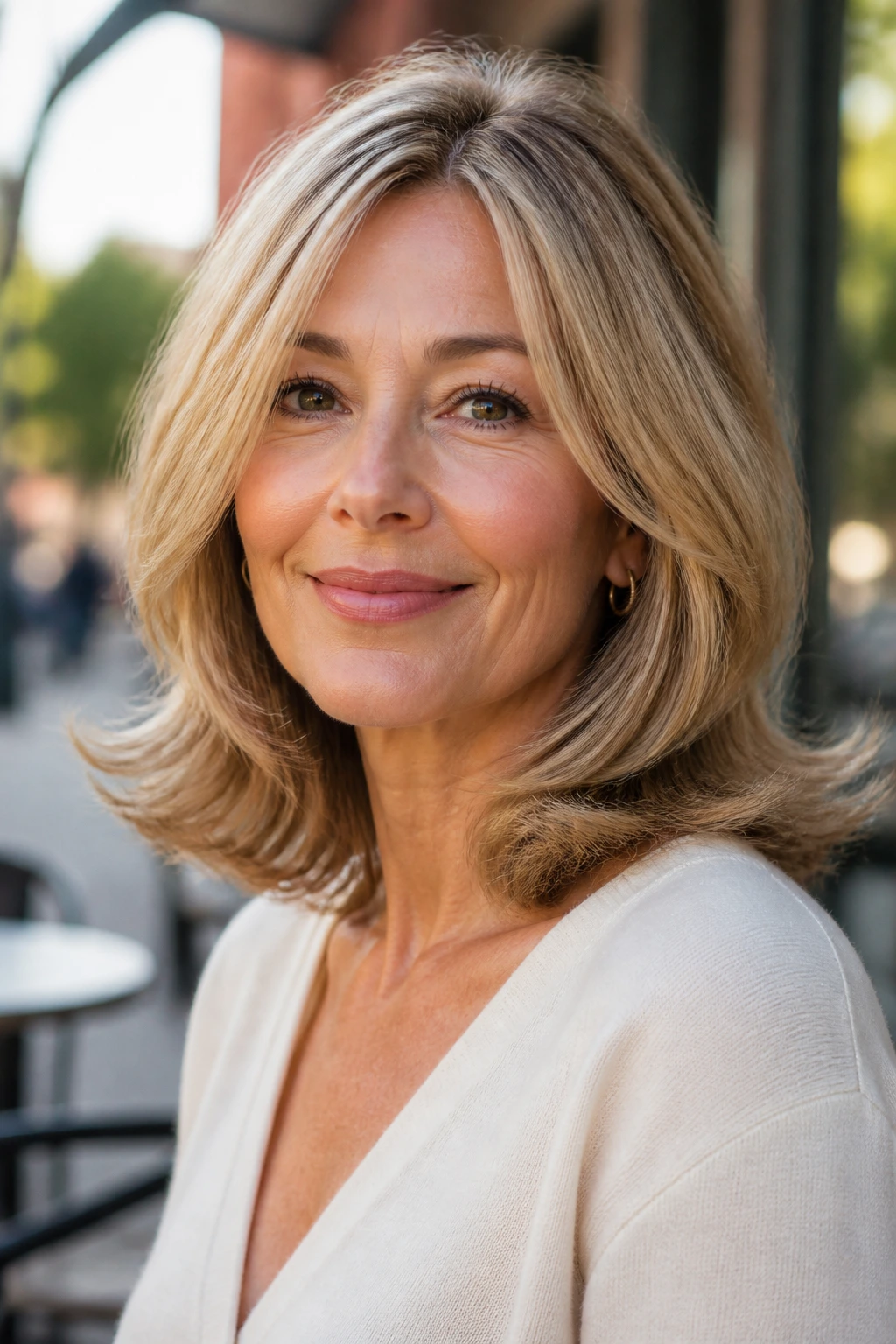 Close-up of real woman with flip-out ends on shoulder-length hair