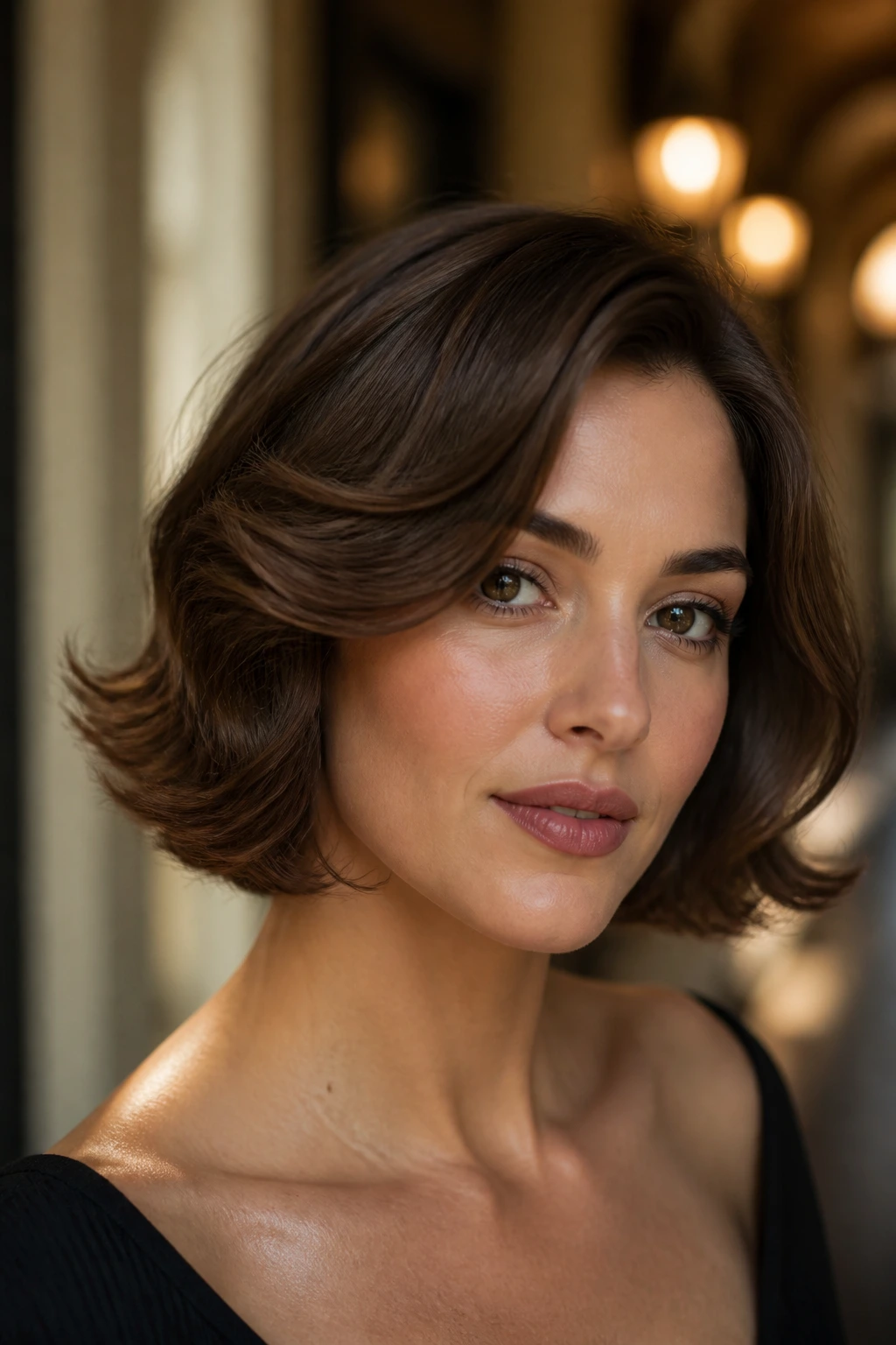 Real woman with flip-out Hollywood bob in warm glamour setting