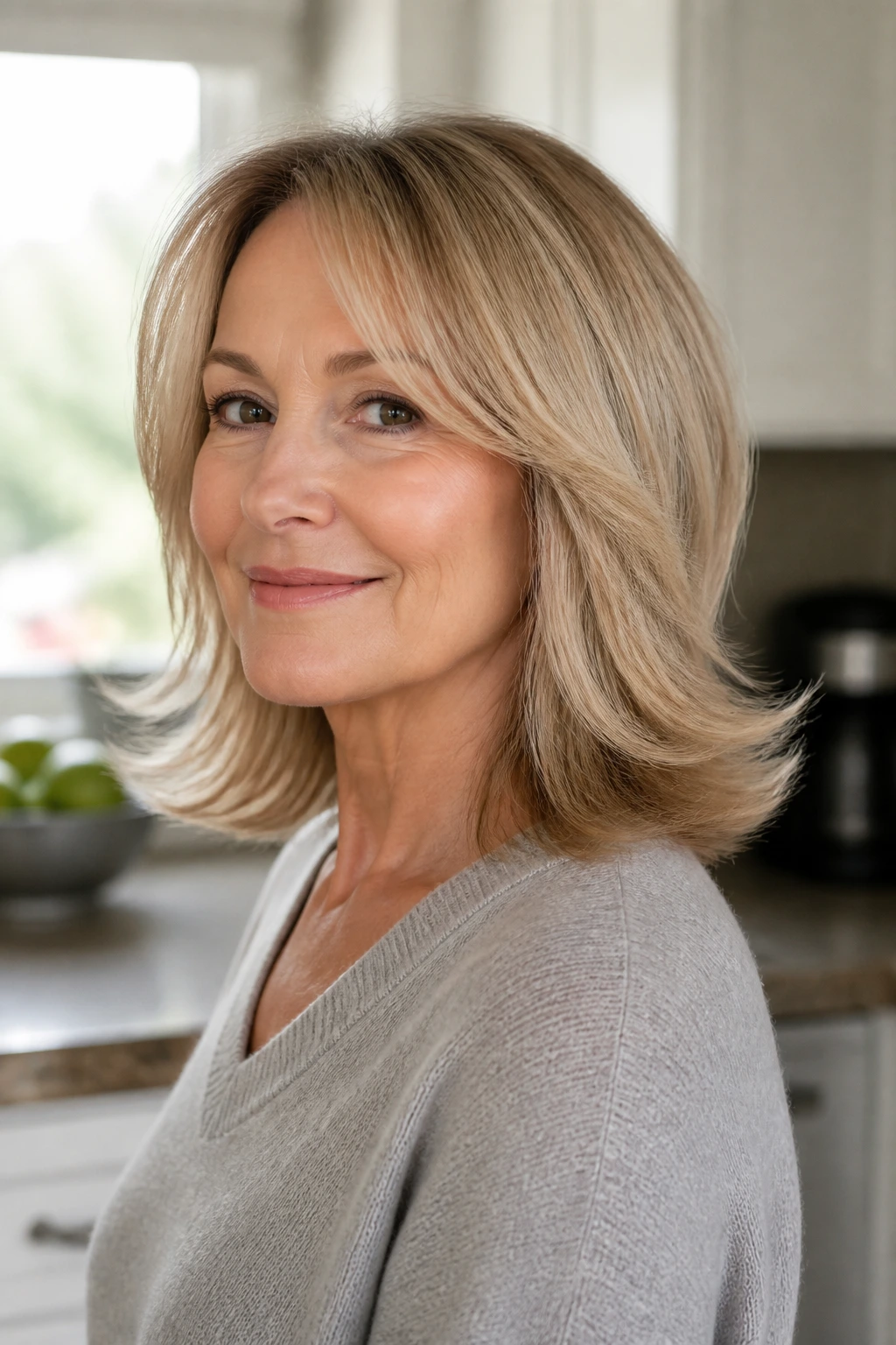 Portrait of a real woman with a flip-out layered cut in a bright kitchen