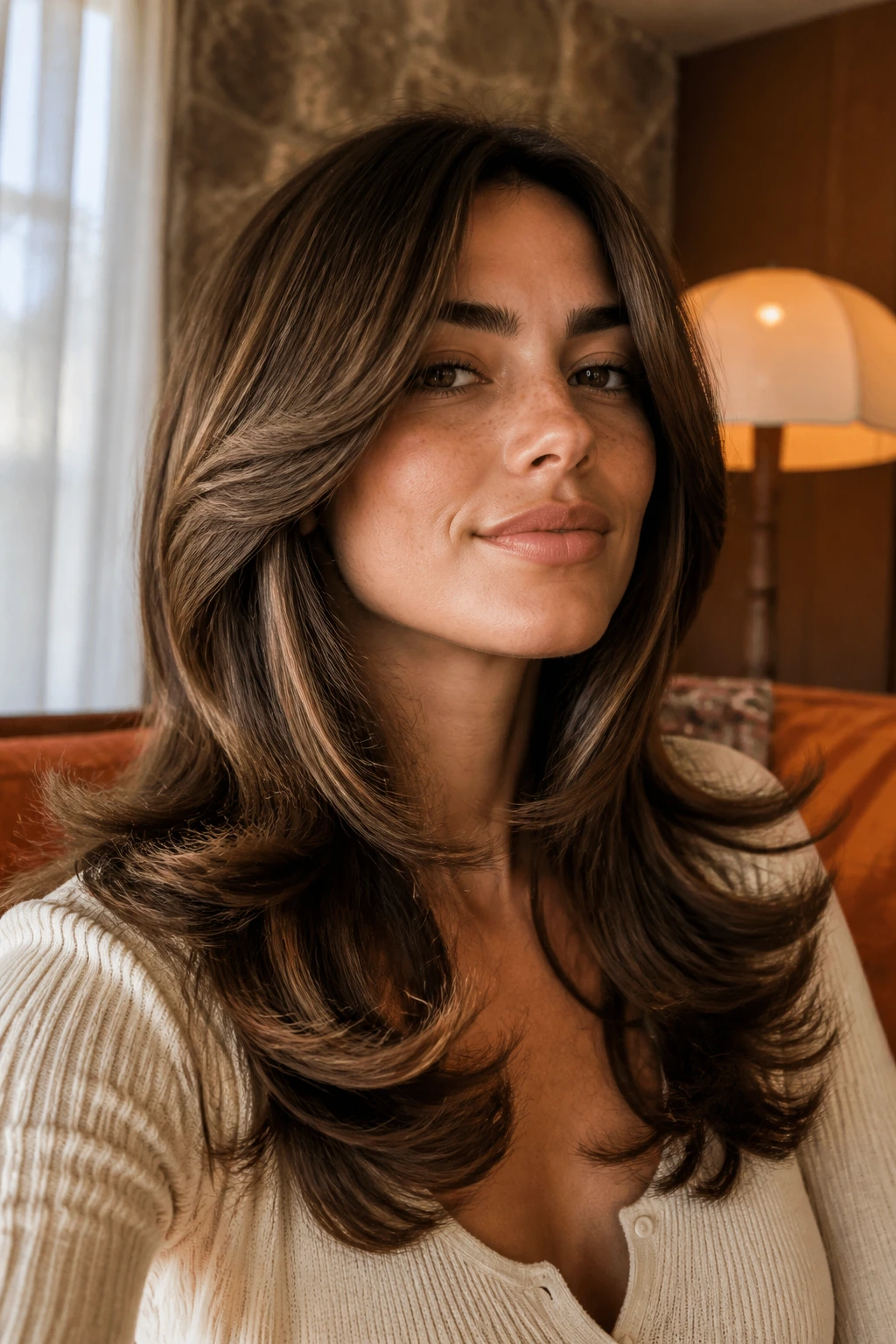 Close-up of a real woman with flipped-out ends in a 90s blowout hairstyle