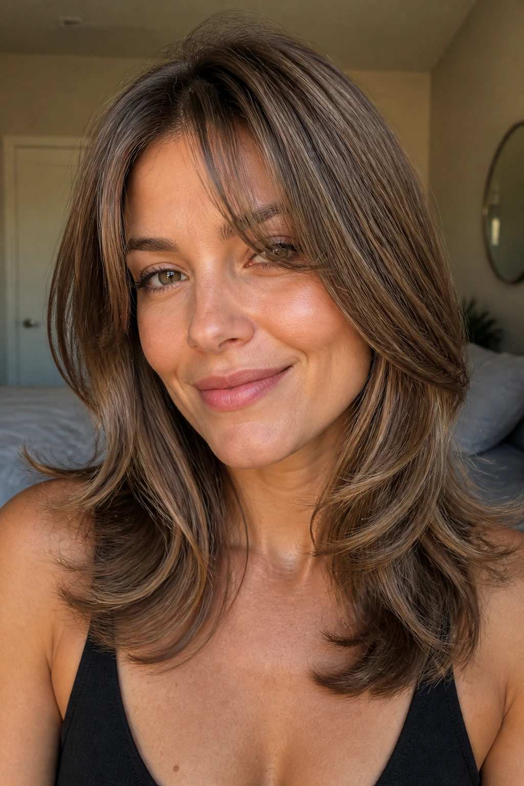 Close-up portrait of a real woman with Romantic Flip-Out Layers and Ash Brown Lowlights.