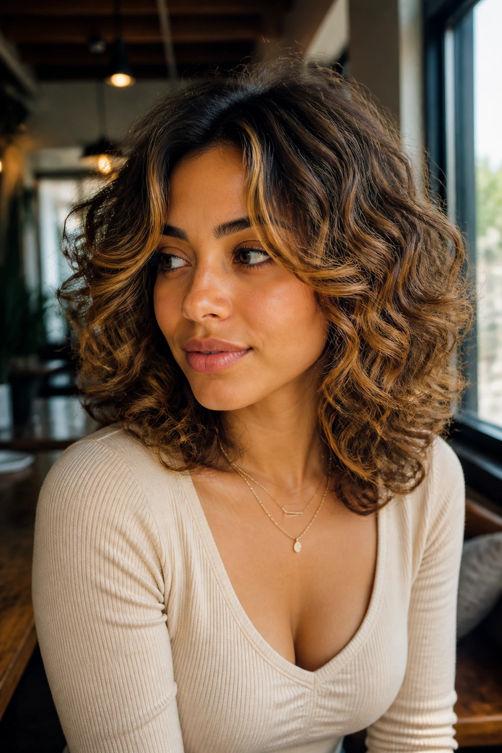 Portrait of a woman with flip-out curls and caramel highlights around the face
