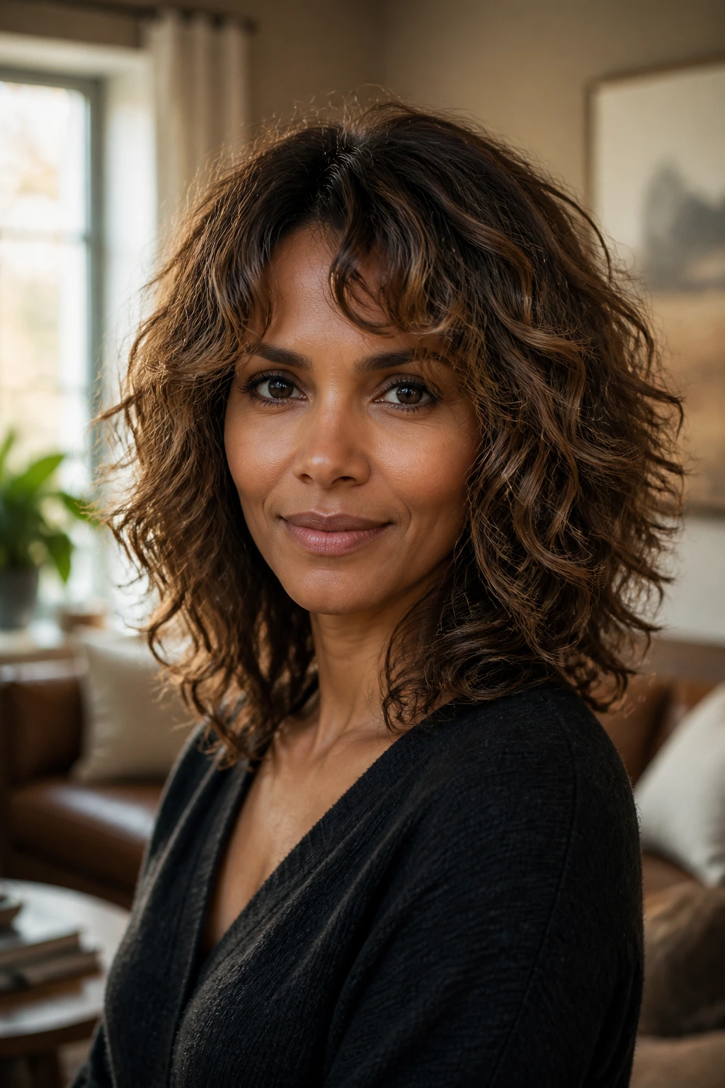 Close-up of a real woman showing tousled flip-out layers in curly hair