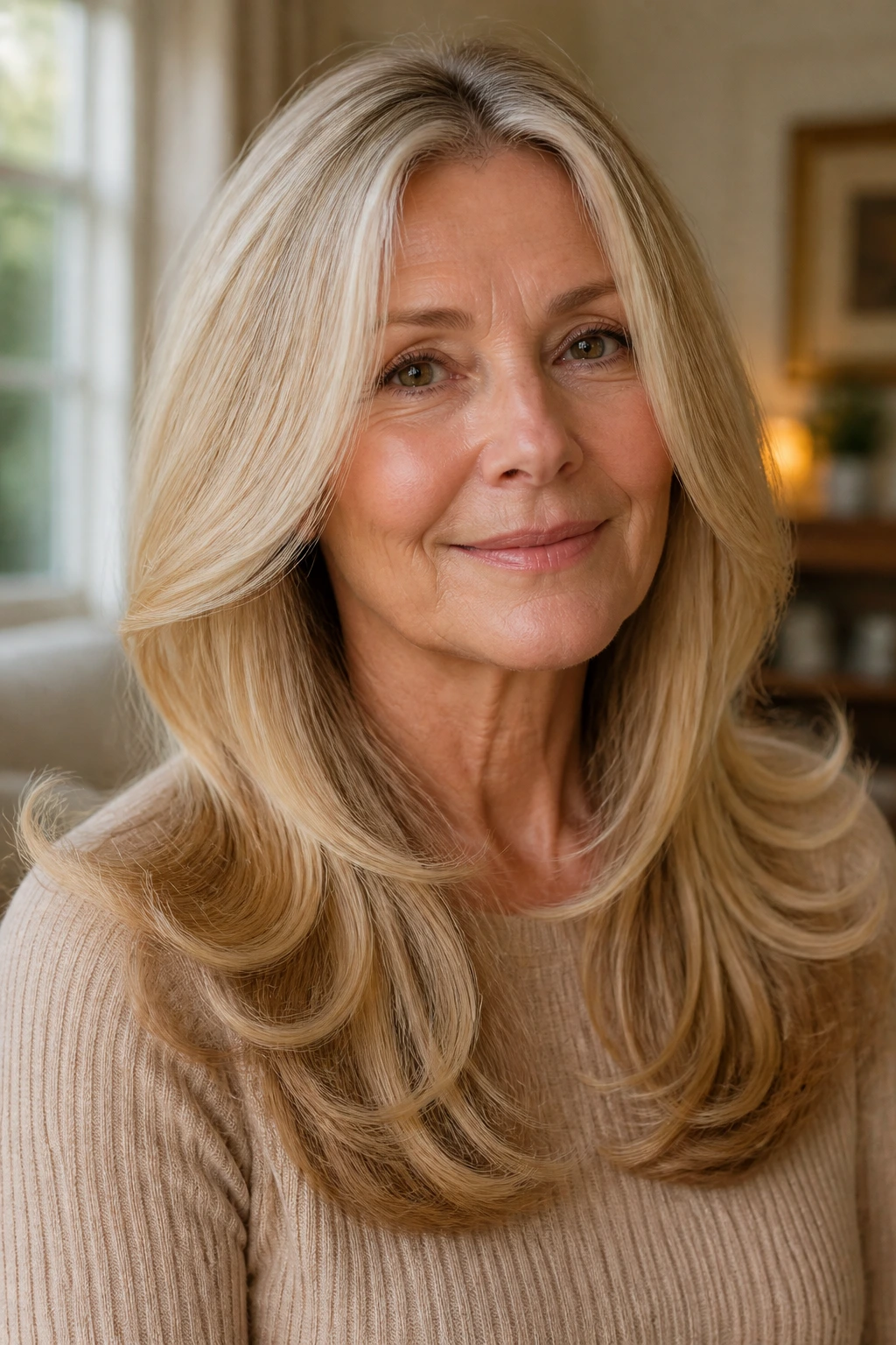 Real woman with flip-out layers on long blonde hair
