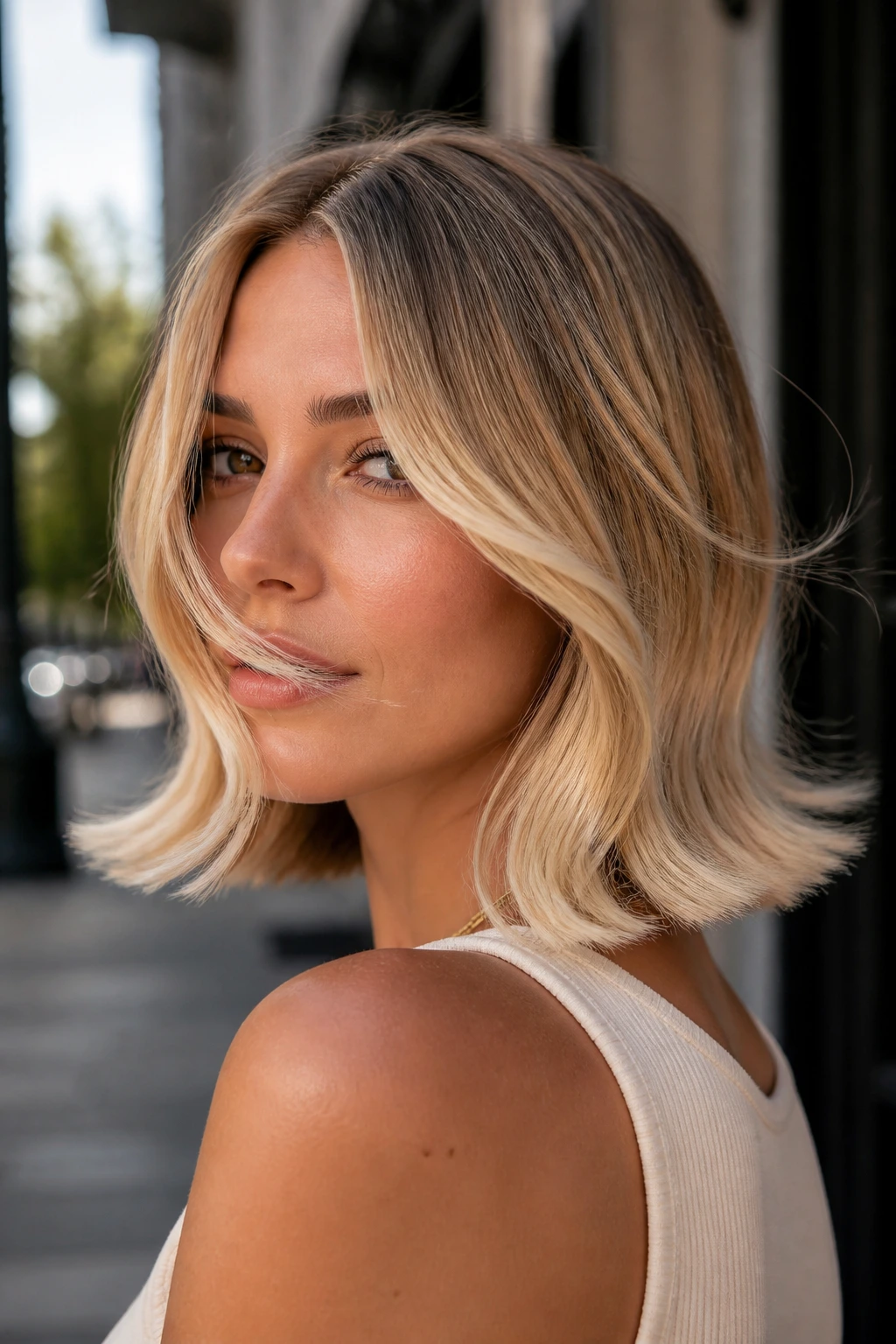 Close-up of a woman with a flip-out lob and frosted ends in outdoor light