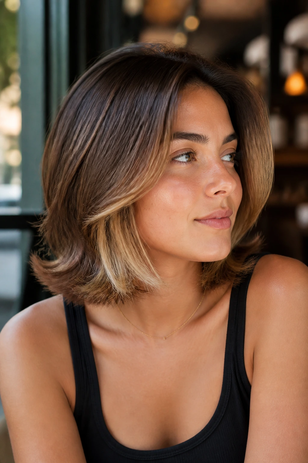 Close-up of flip-out lob with honey underlayers on a real woman