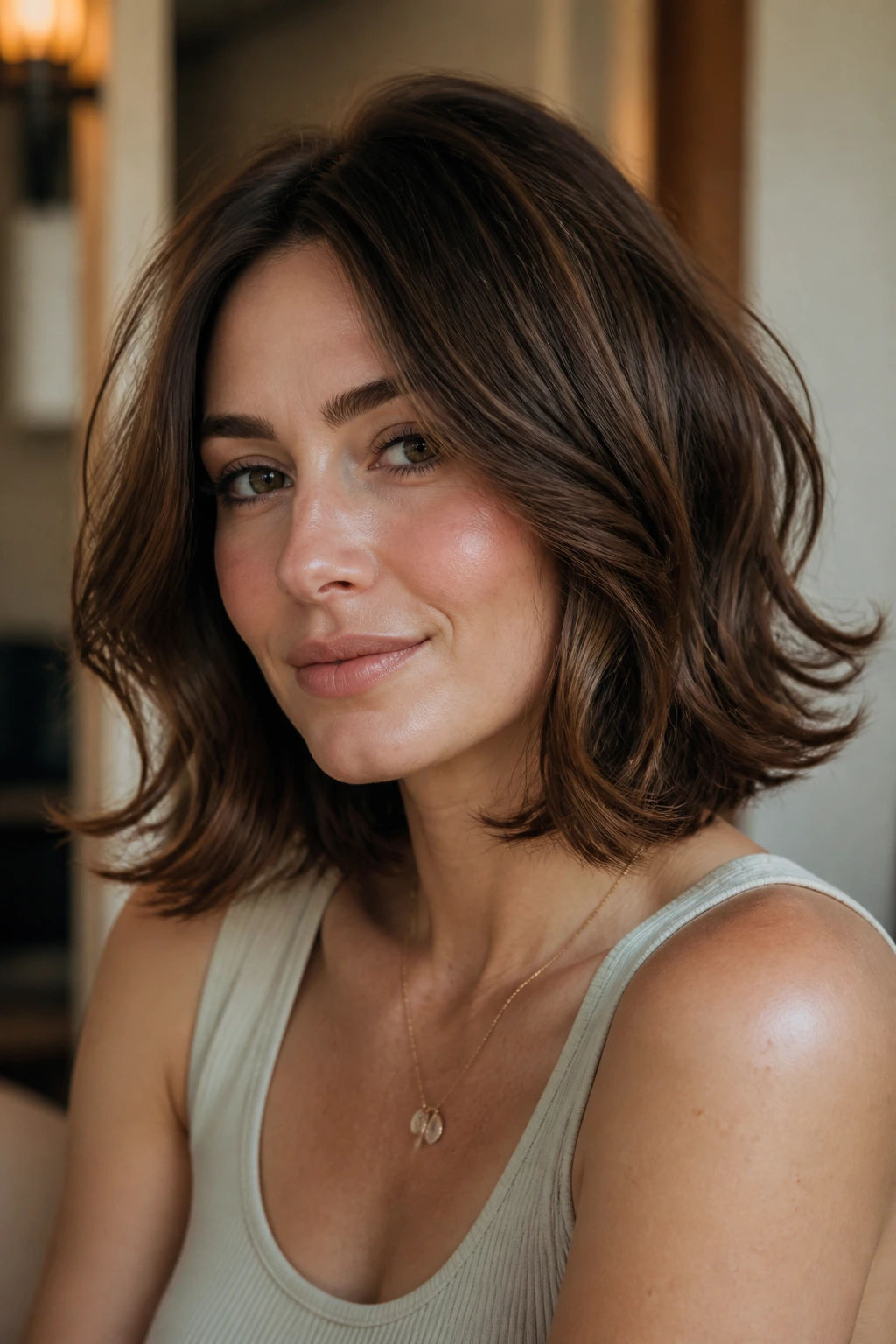 Close-up portrait of a real woman with soft flip-out waves at the ends