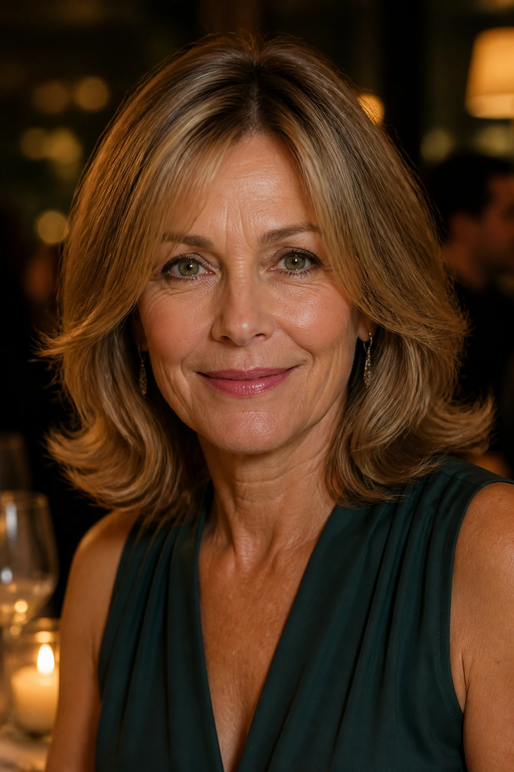 Close-up of a real woman with shoulder-length flip-out waves