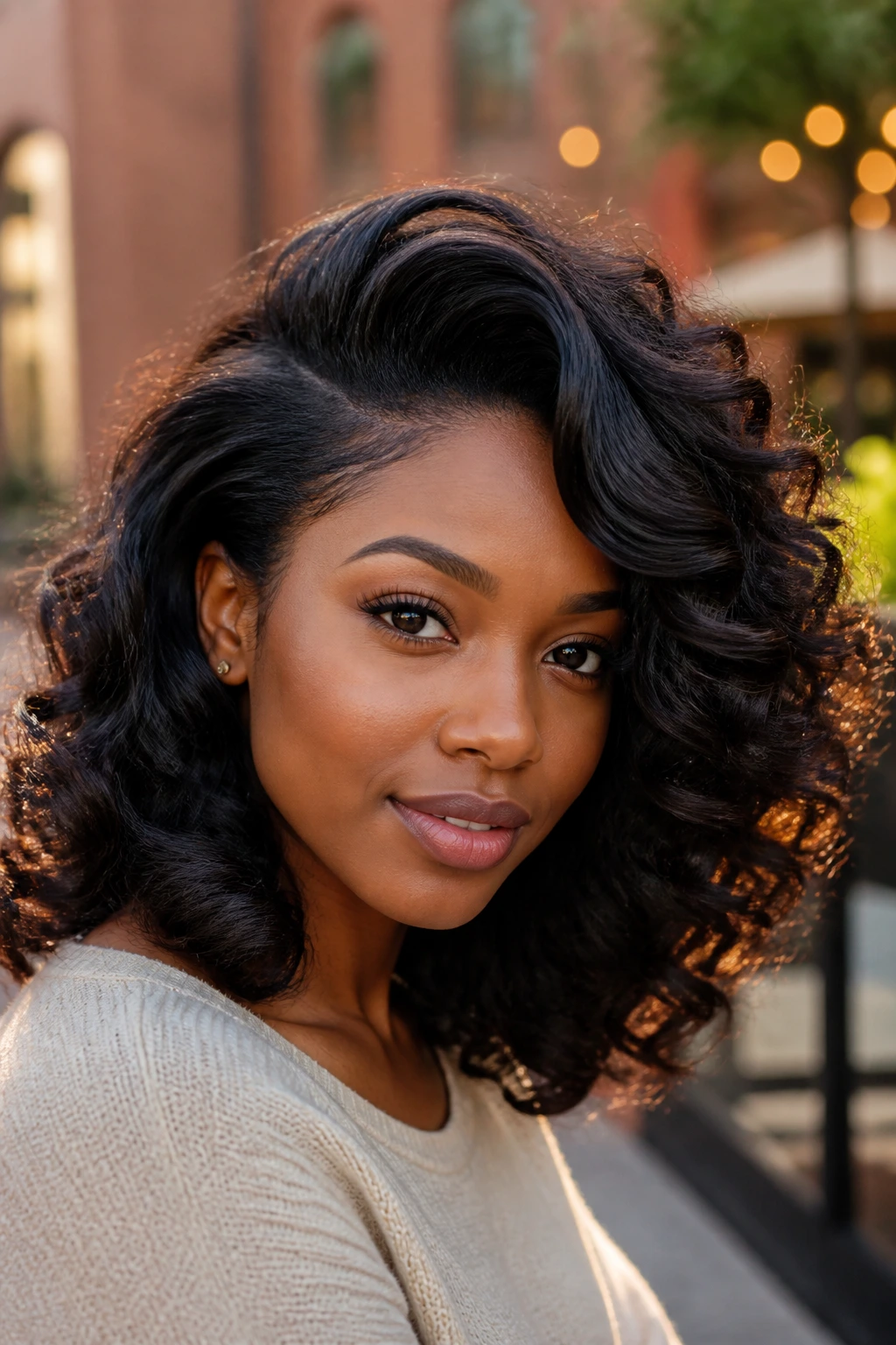 Close-up portrait of a real woman with flip-over part curls and crown volume