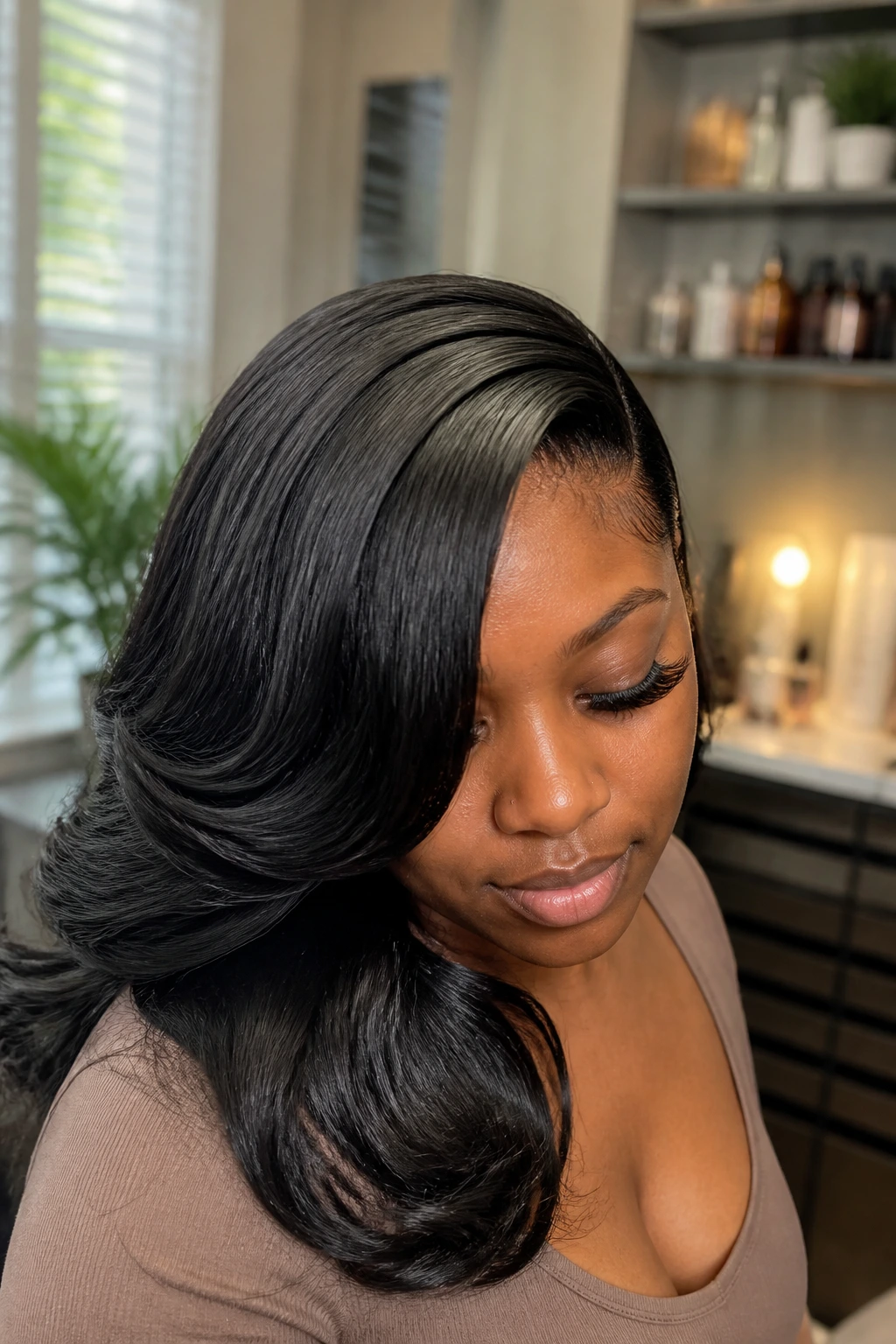 Close-up of a real woman with a flip-over sew-in and hidden tracks