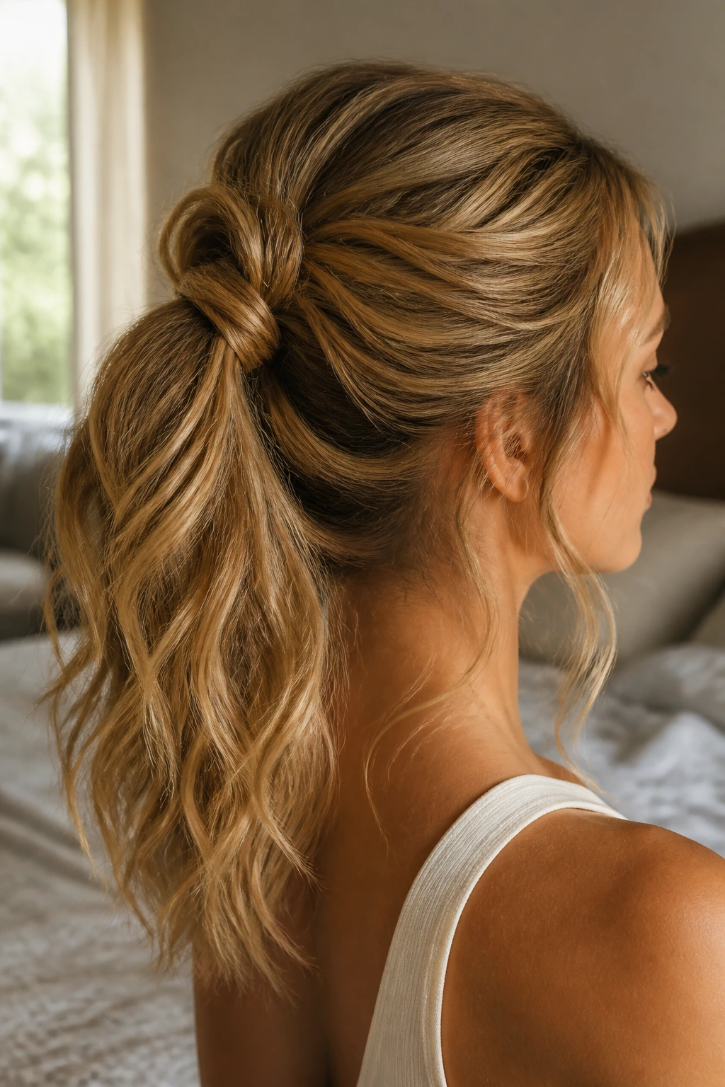 Close-up of a real woman with a flip-through ponytail and beachy waves.