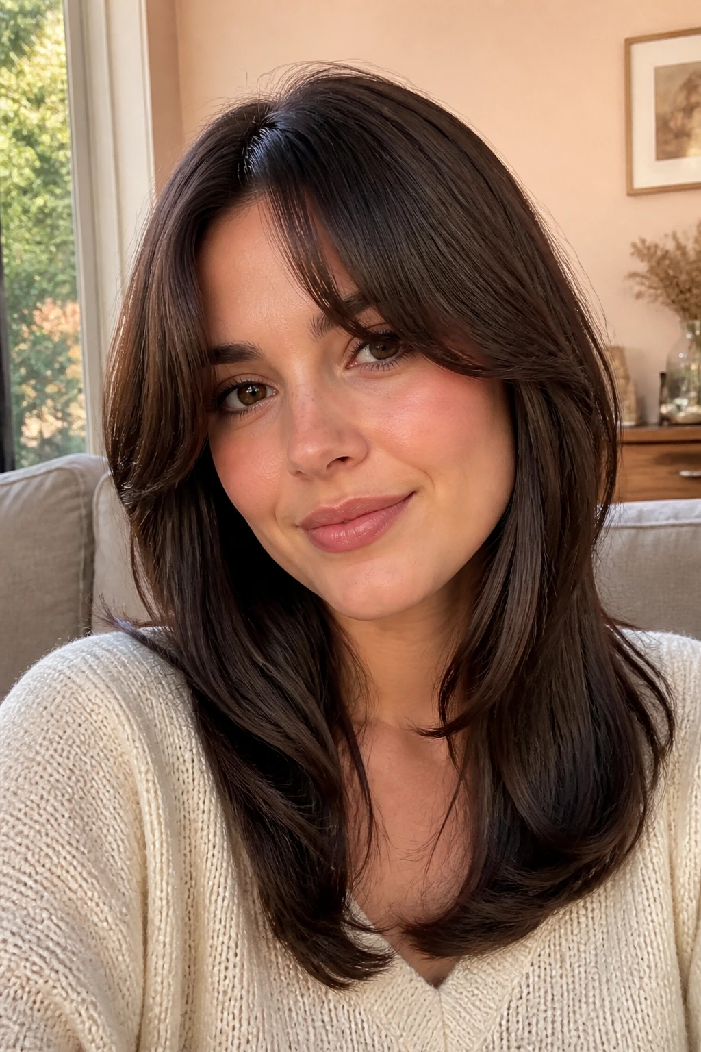 Close-up portrait of a real woman with flip-under bangs in warm window light