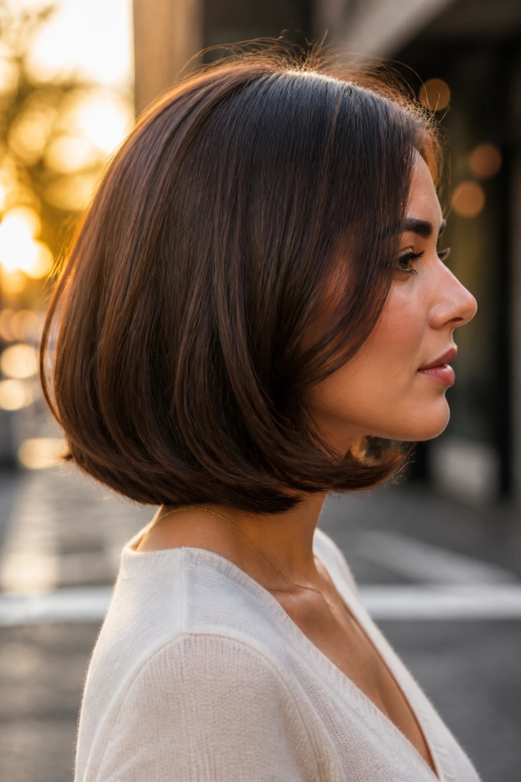 Profile of a real woman with Flip-Under Bob showing inward flipped ends
