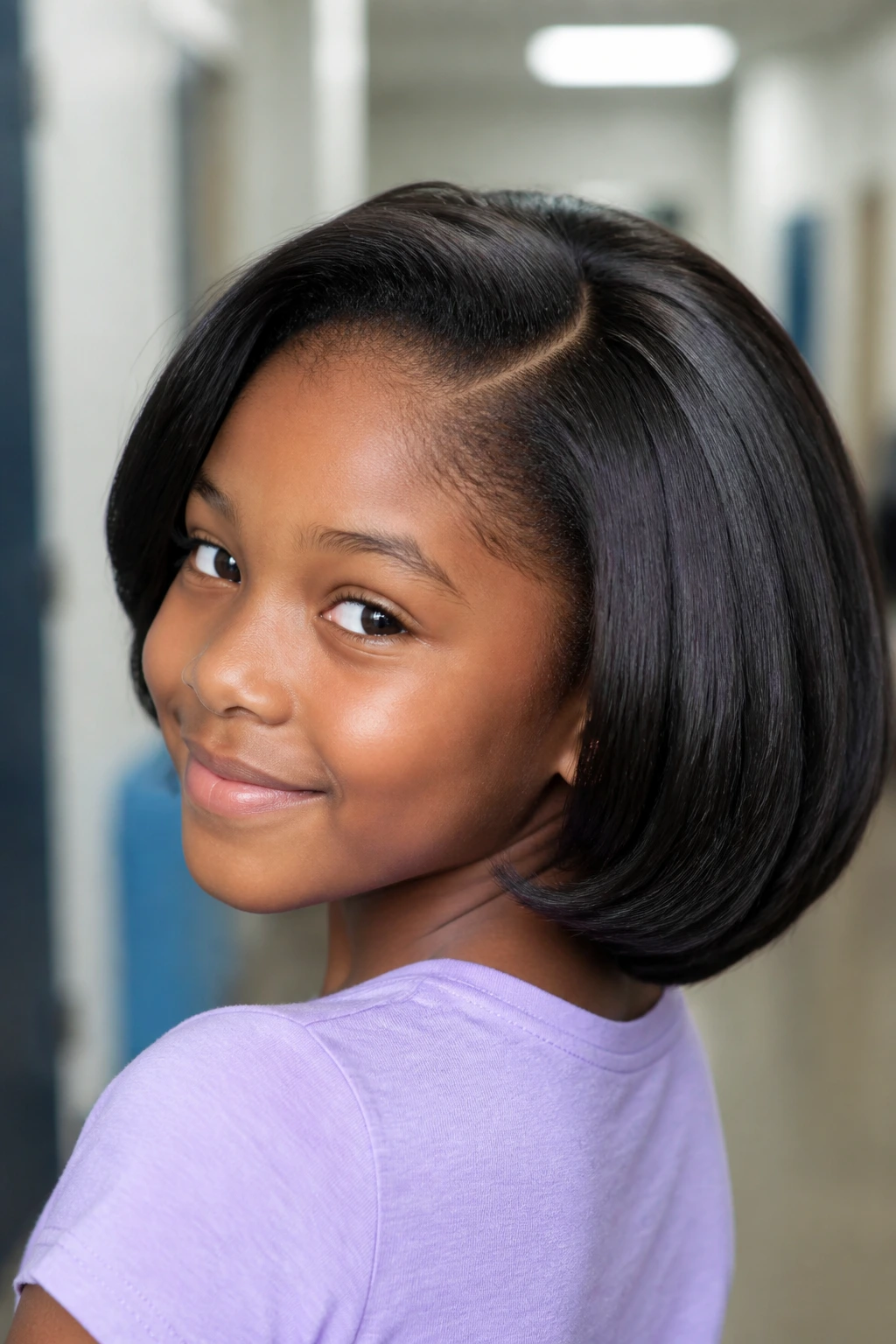 Child with rounded flip-under bob showing inward-curved ends