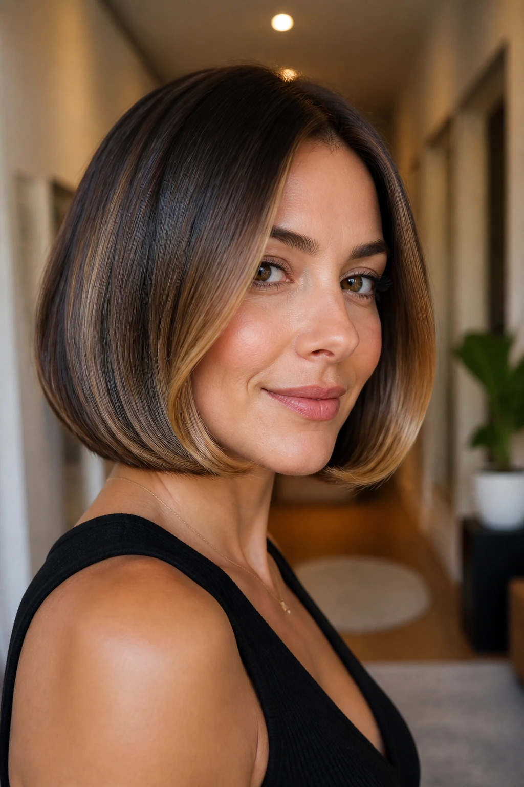 Portrait of woman with flip-under bob and polished ends, caramel highlights along the perimeter