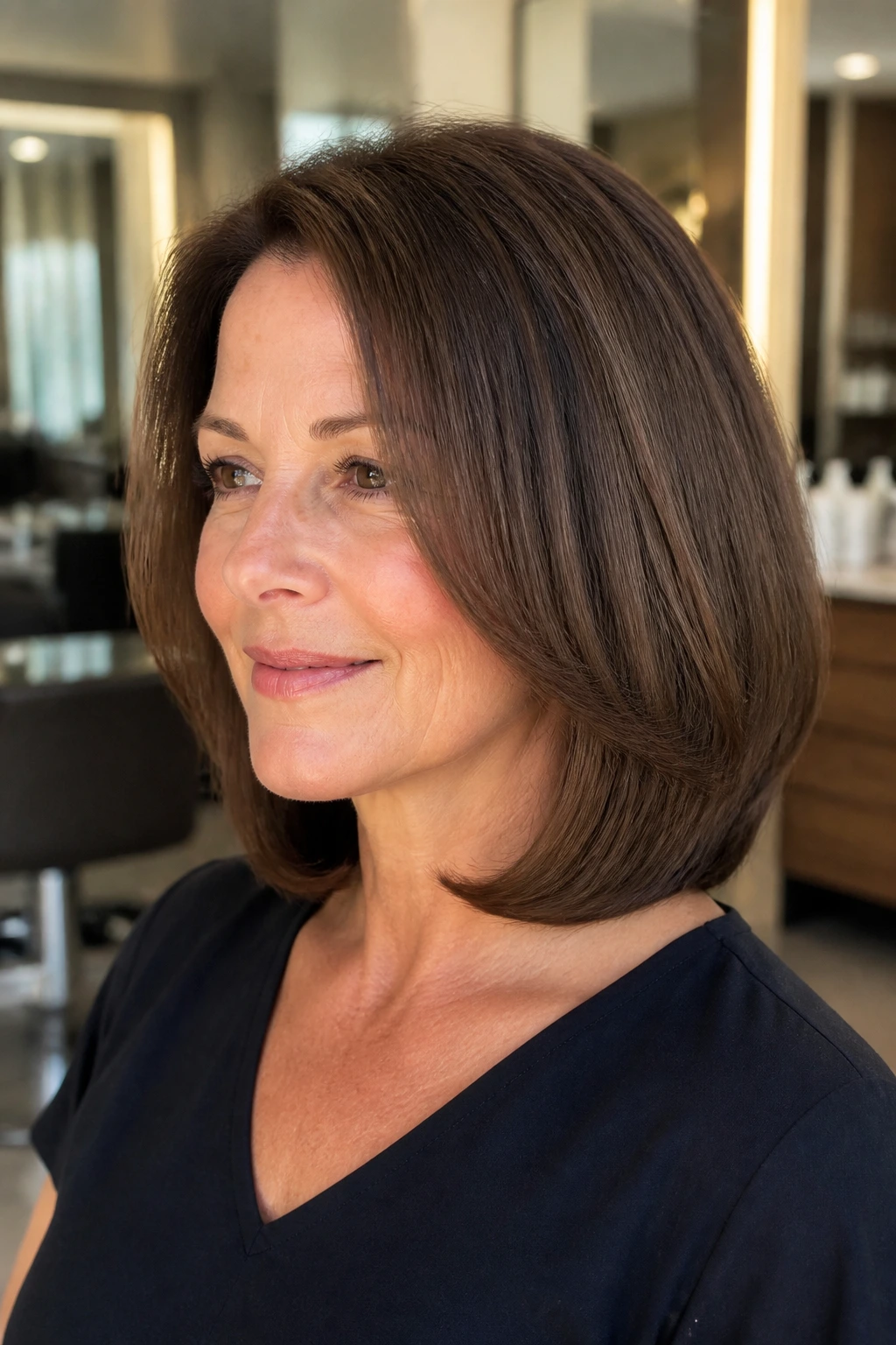 Close-up of a real woman with inward-turning flip-under bob hairstyle