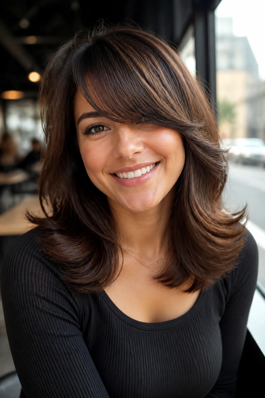 Close-up portrait of a real woman with flipped-angle layers and side-swept bangs