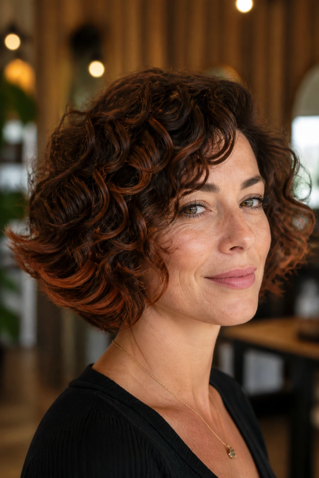 Close-up of a woman with flipped-out curly bob and auburn lowlights in a warm salon
