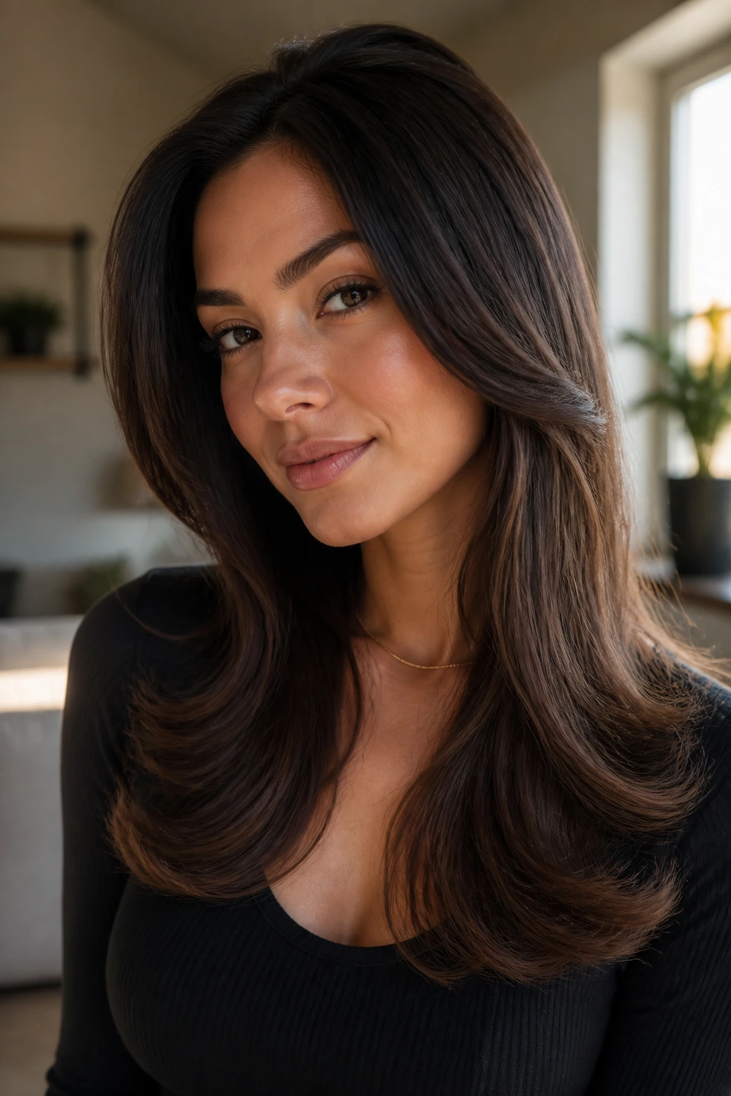 Close-up of flipped-end blowout layers on a real woman with soft outward flip, warm window light