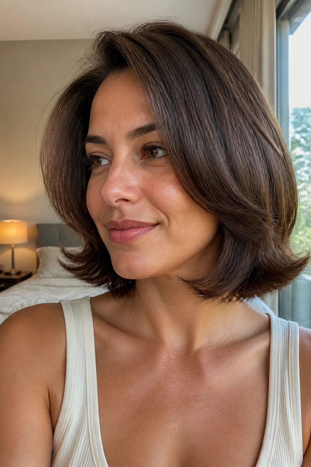 Close-up portrait of a real woman with a flipped-end blowout on thick hair.