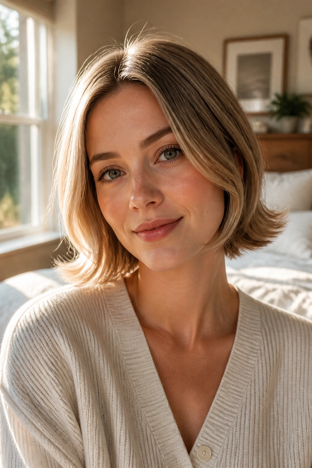 Close-up of a woman with a flipped-end bob showing outward-turned ends in natural light