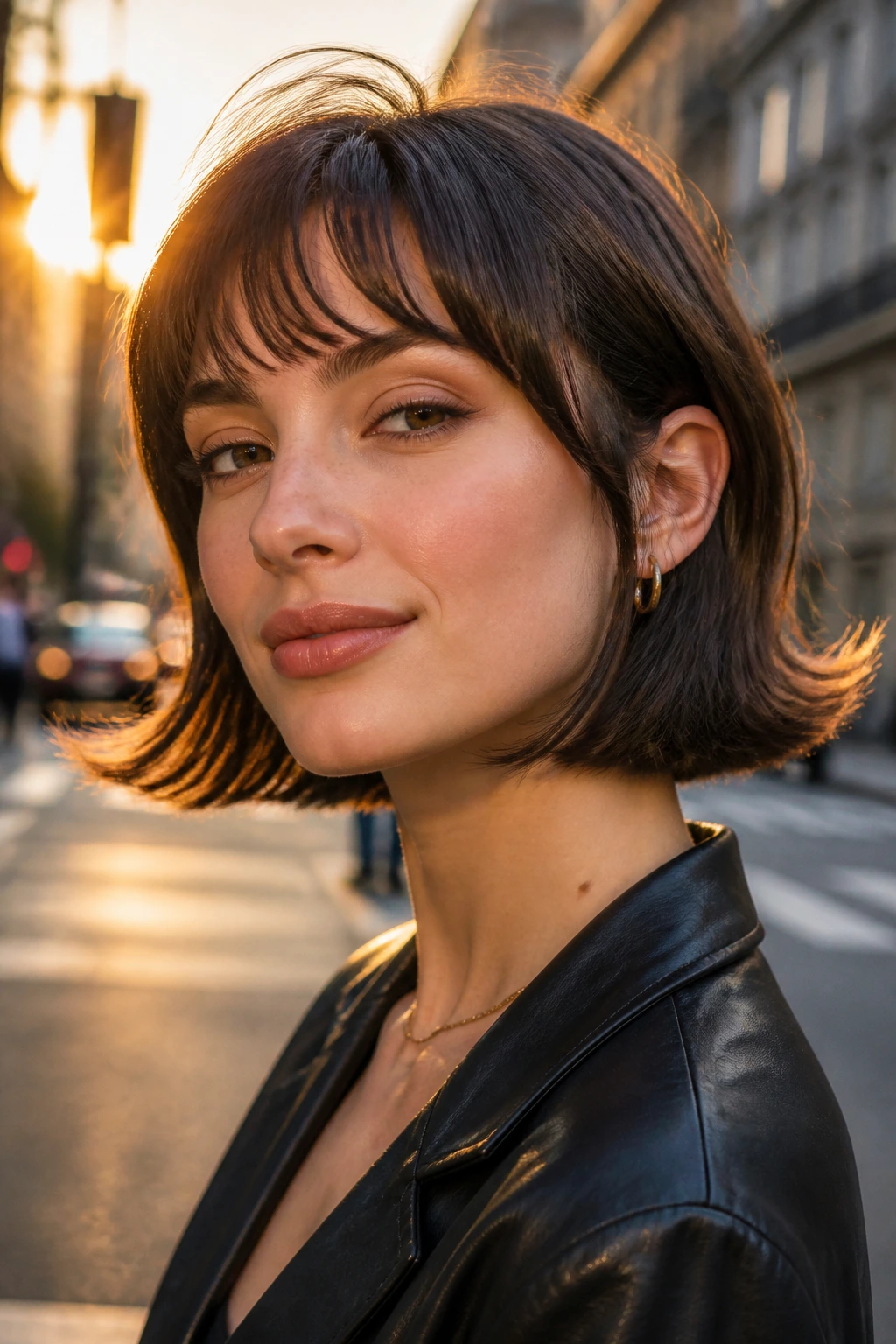 Real person wearing a flipped-end bob on a golden hour city street