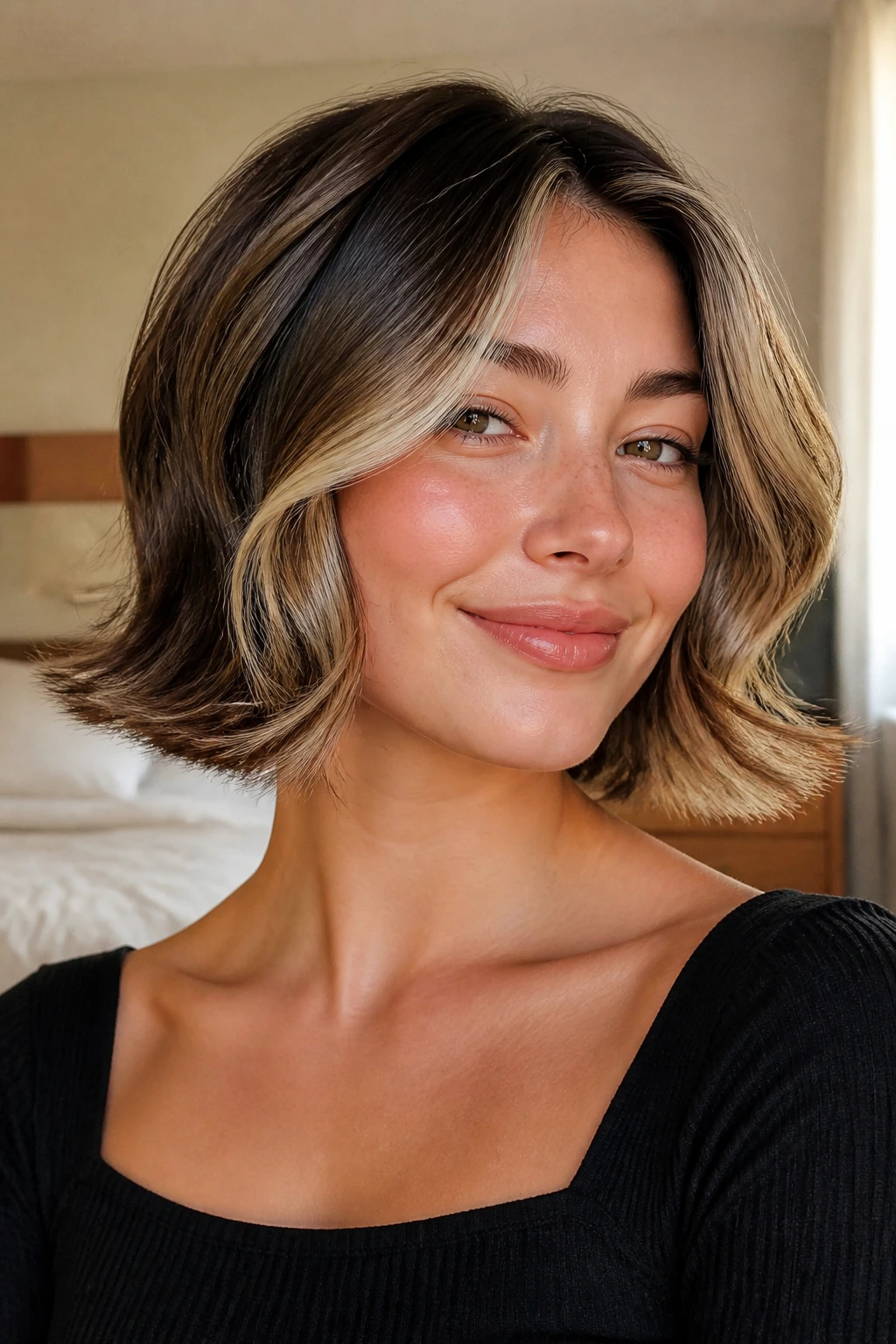 Close-up of a real woman with a chin-length flipped-end bob and money-piece highlights by window light