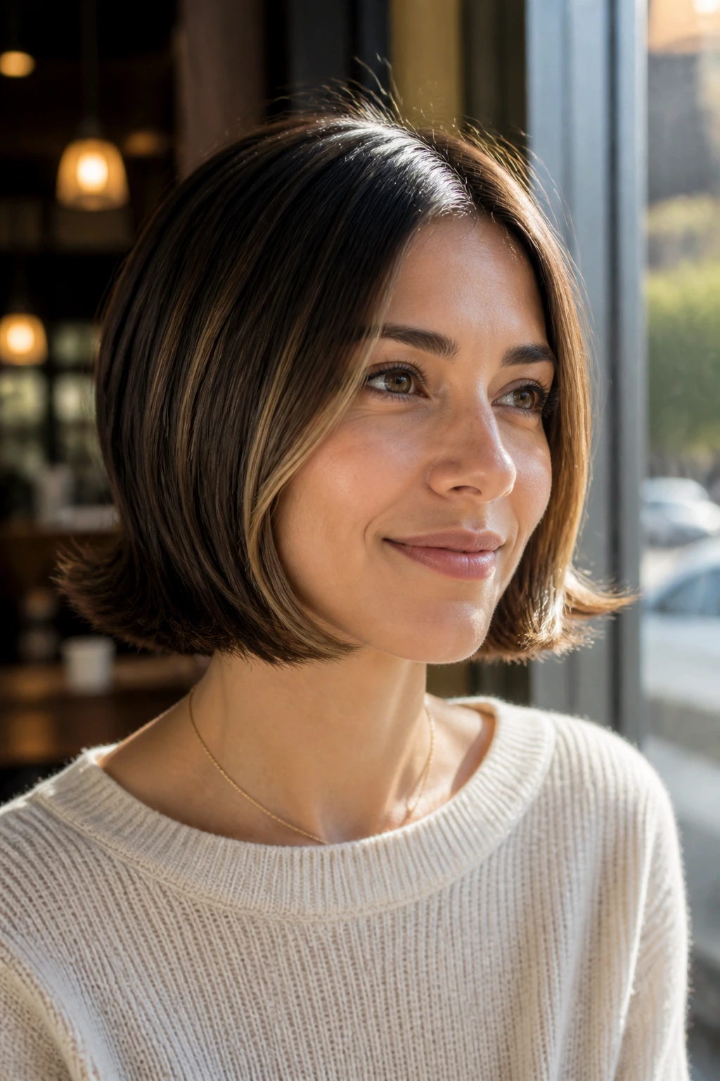 Close-up portrait of a real woman with a flipped-end bob showing outward-turned ends.