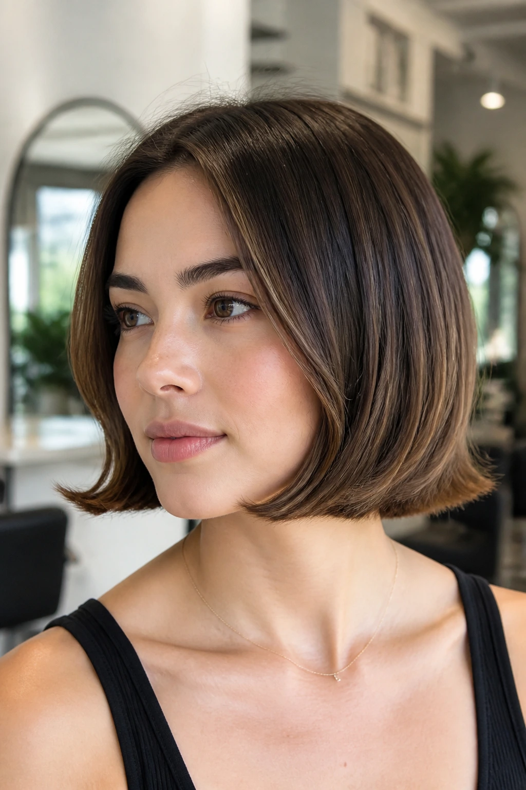 Close-up portrait of a real woman with flipped-end chin-length bob under natural light.