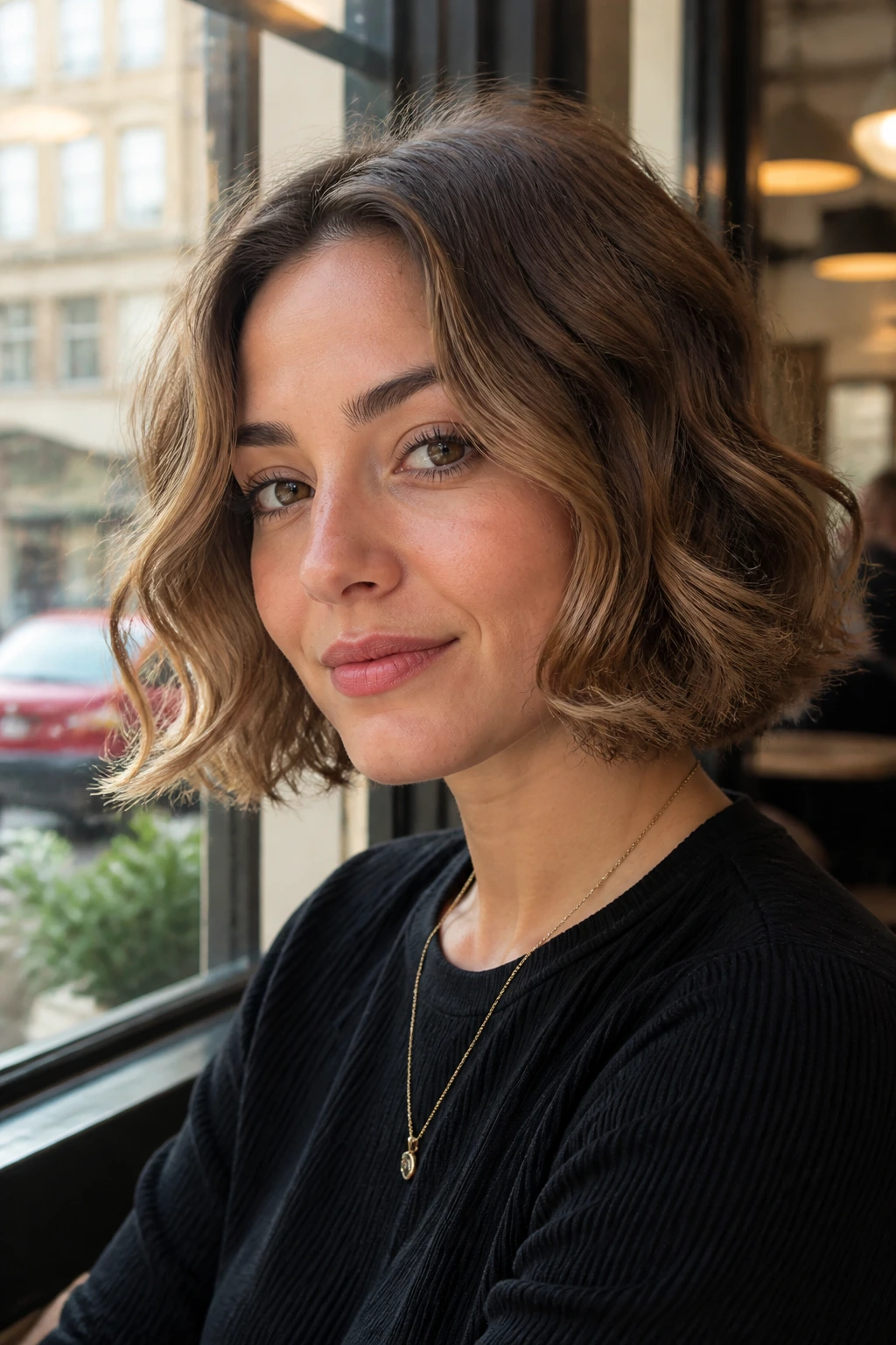 Close-up portrait of a real woman with a flipped-end bob on wavy hair, in natural daylight