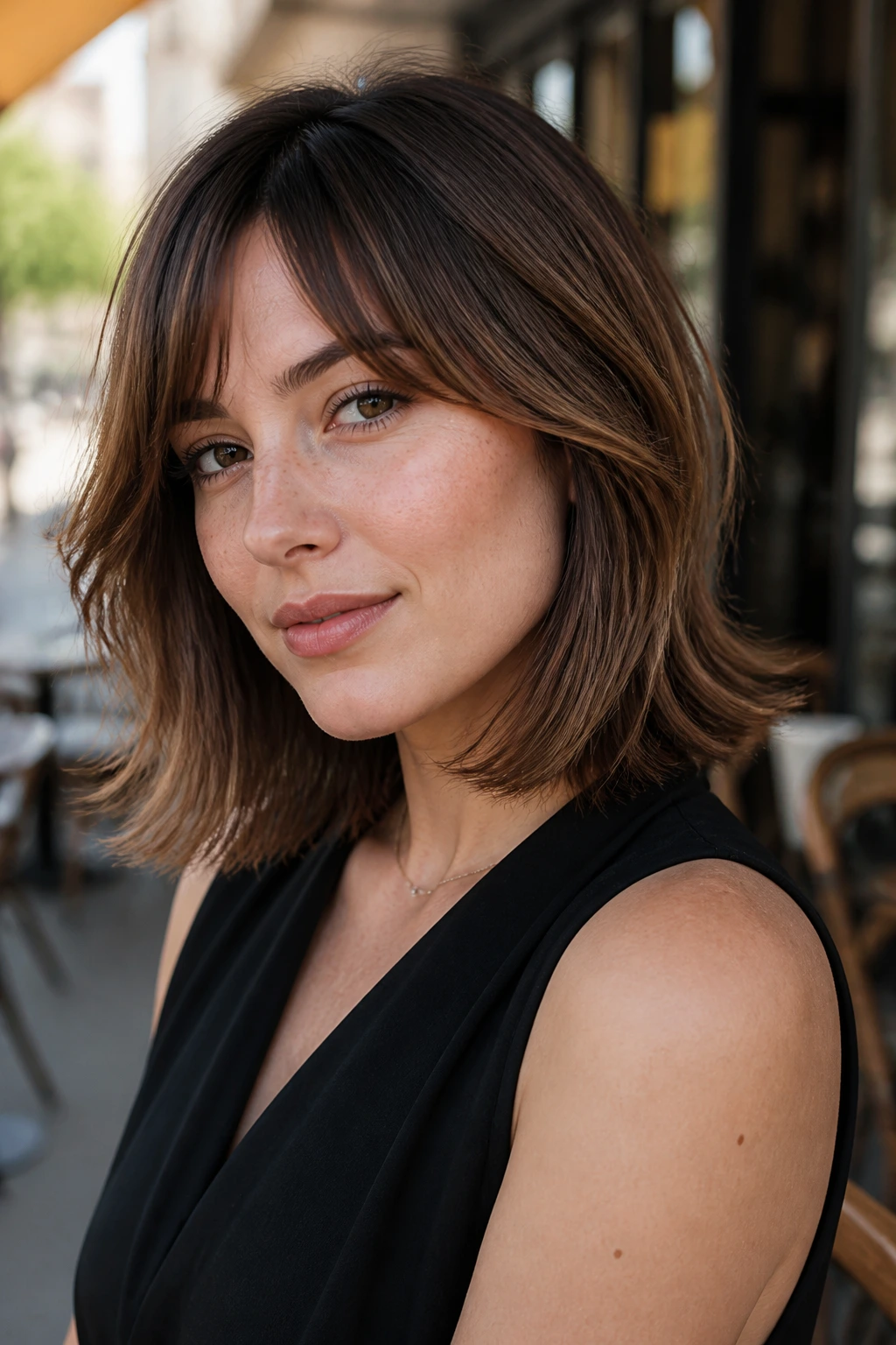 Close-up portrait of a woman with flipped-end fringe in natural daylight