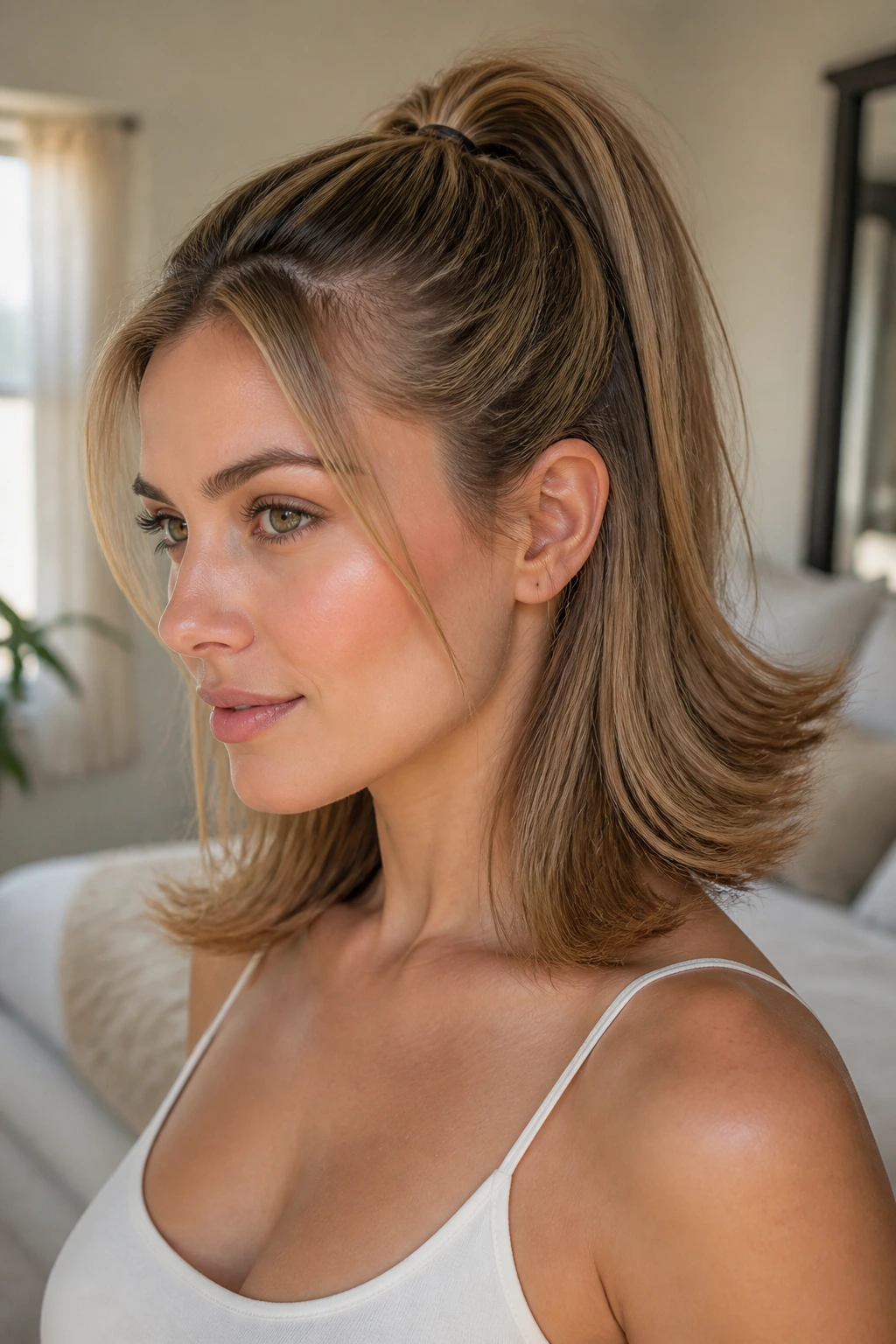 Portrait of a real woman with a half pony and flipped ends.