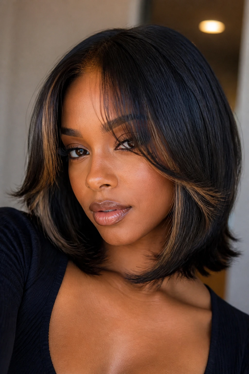Portrait of a real woman with a flipped-end lob and airy face frame.