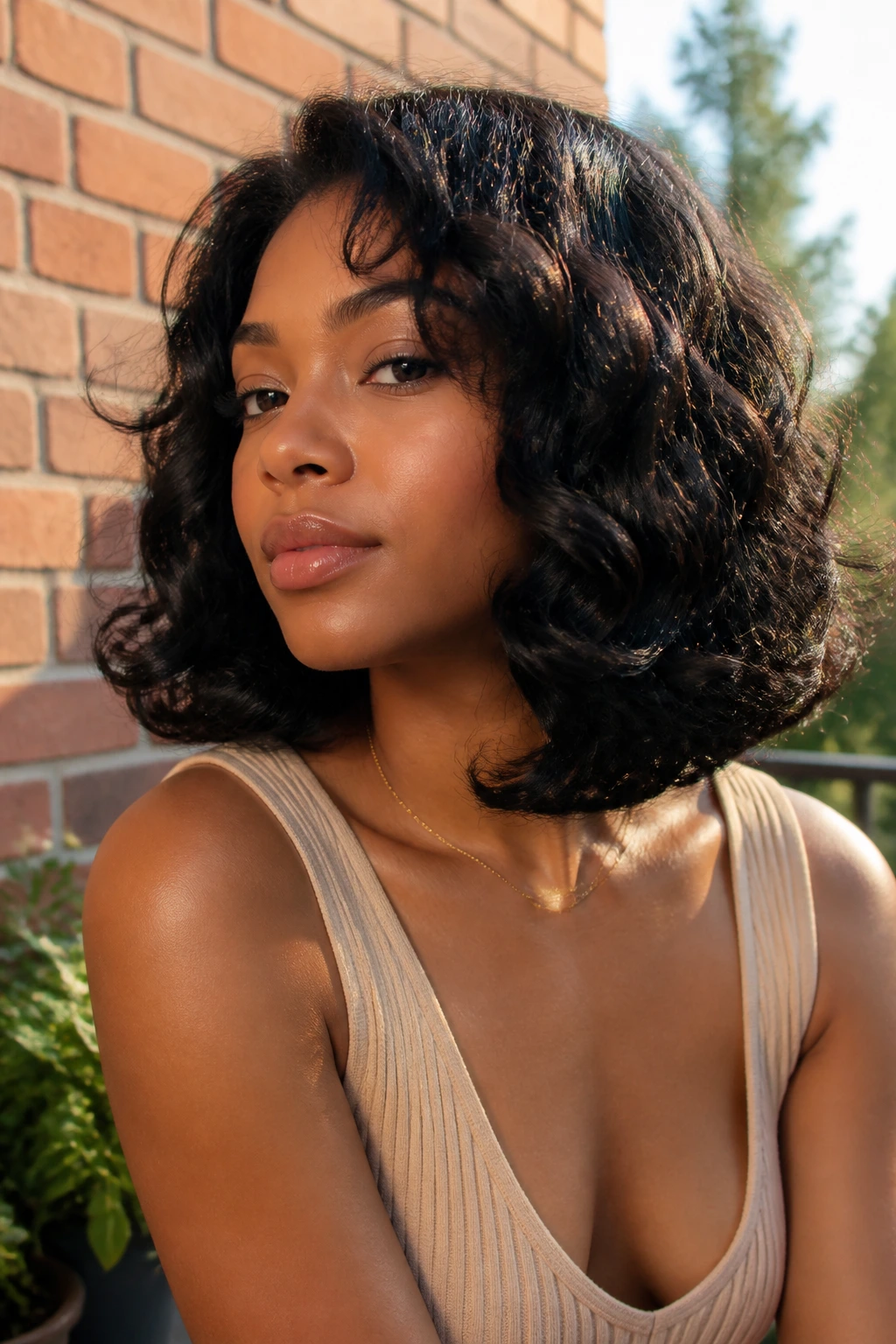 Close-up of a woman with a flipped-end lob and rounded under curve in sunlit setting