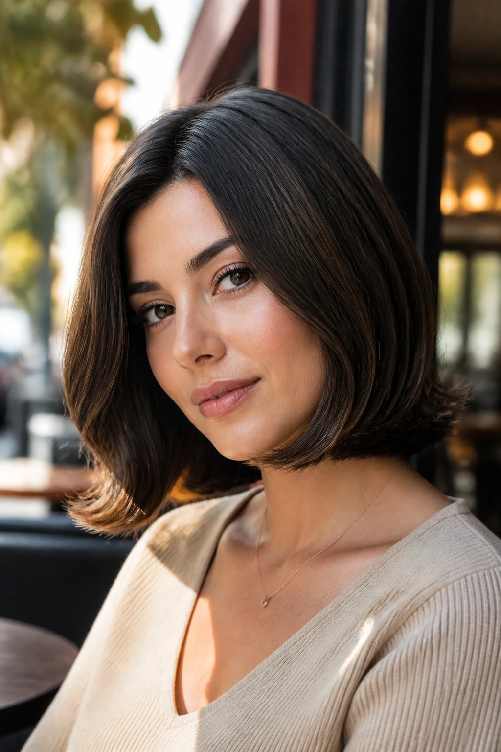 Close-up of real woman with flipped-end lob showing outward flick at the ends
