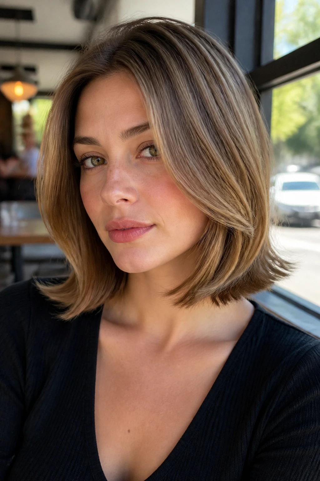 Portrait of a real person with a flipped-end lob hairstyle.