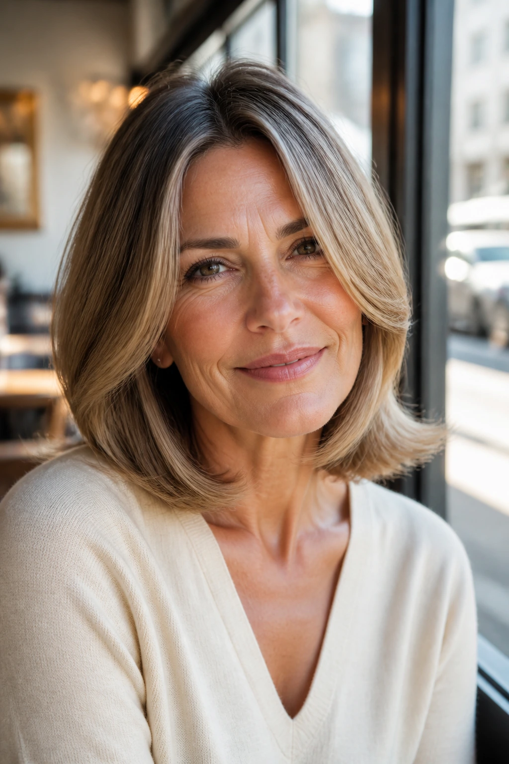 Close-up portrait of a real woman with a flipped-end lob at collarbone length